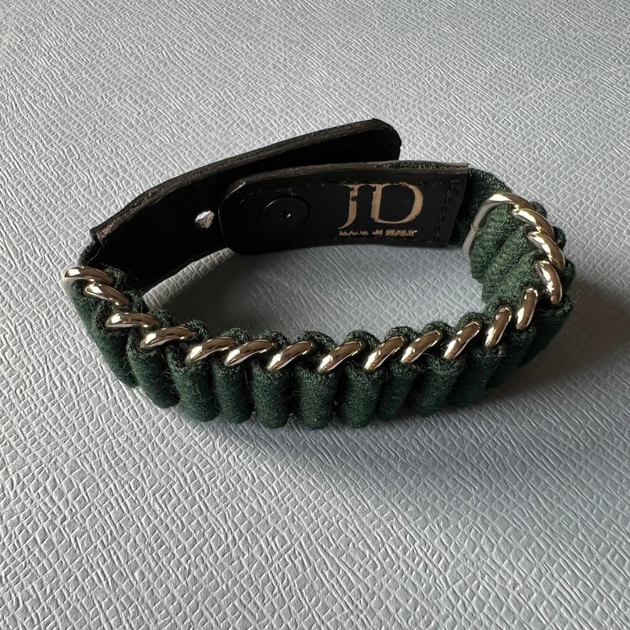 Green Fine Wool Black Leather Bracelet Calfskin Silver Plated Brass Rings In New Condition For Sale In Los Angeles, CA