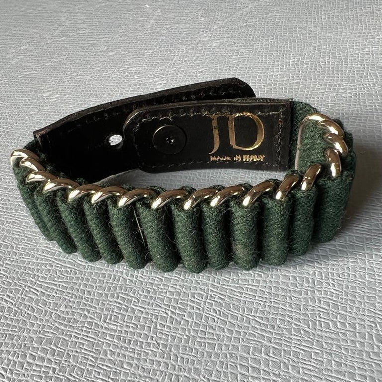 Green Fine Wool Black Leather Bracelet Calfskin Silver Plated