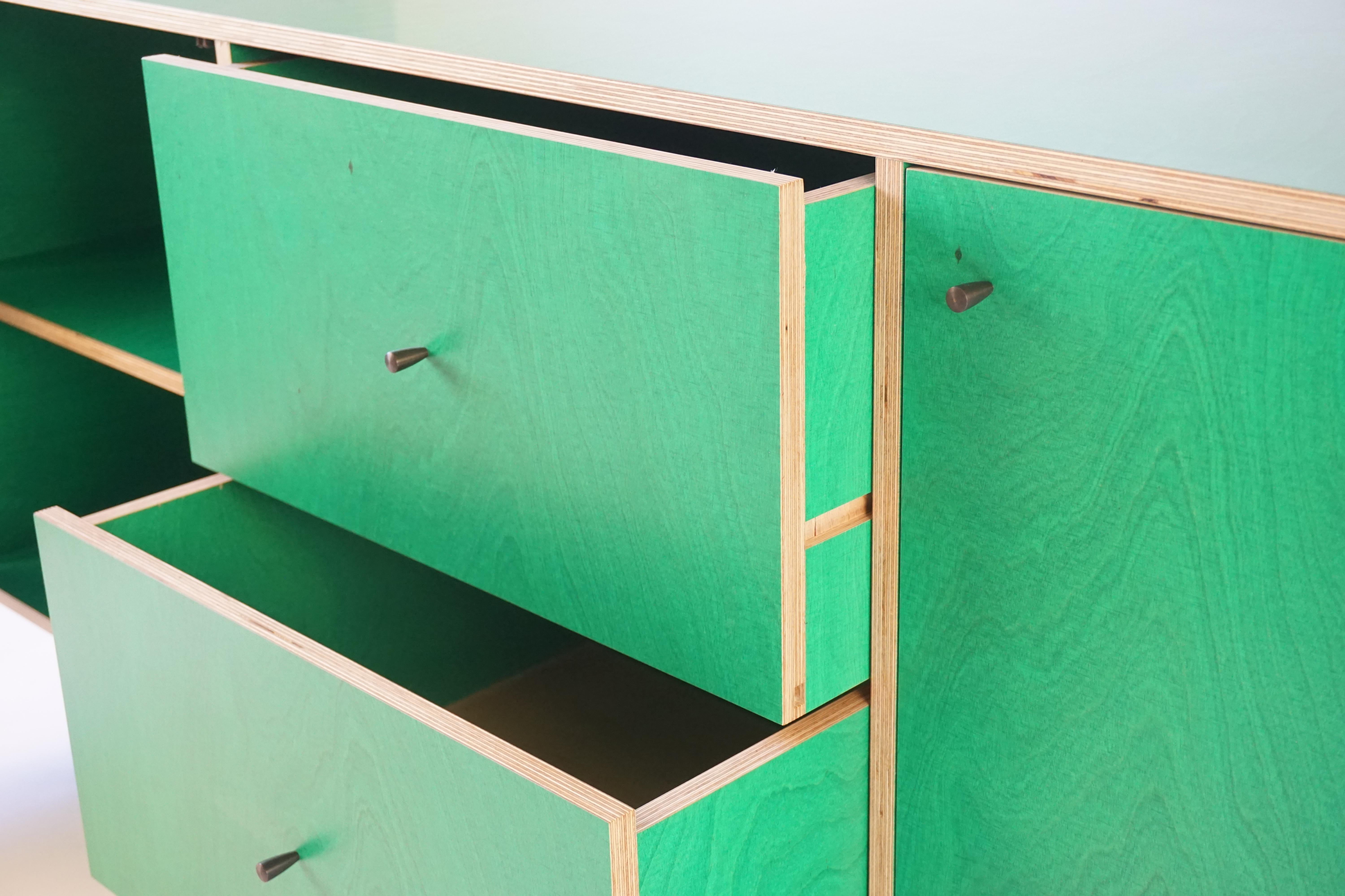 Green Finn-Ply Cabinet with Bronze Pulls and Turned Bronze Legs In New Condition In Bangall, NY