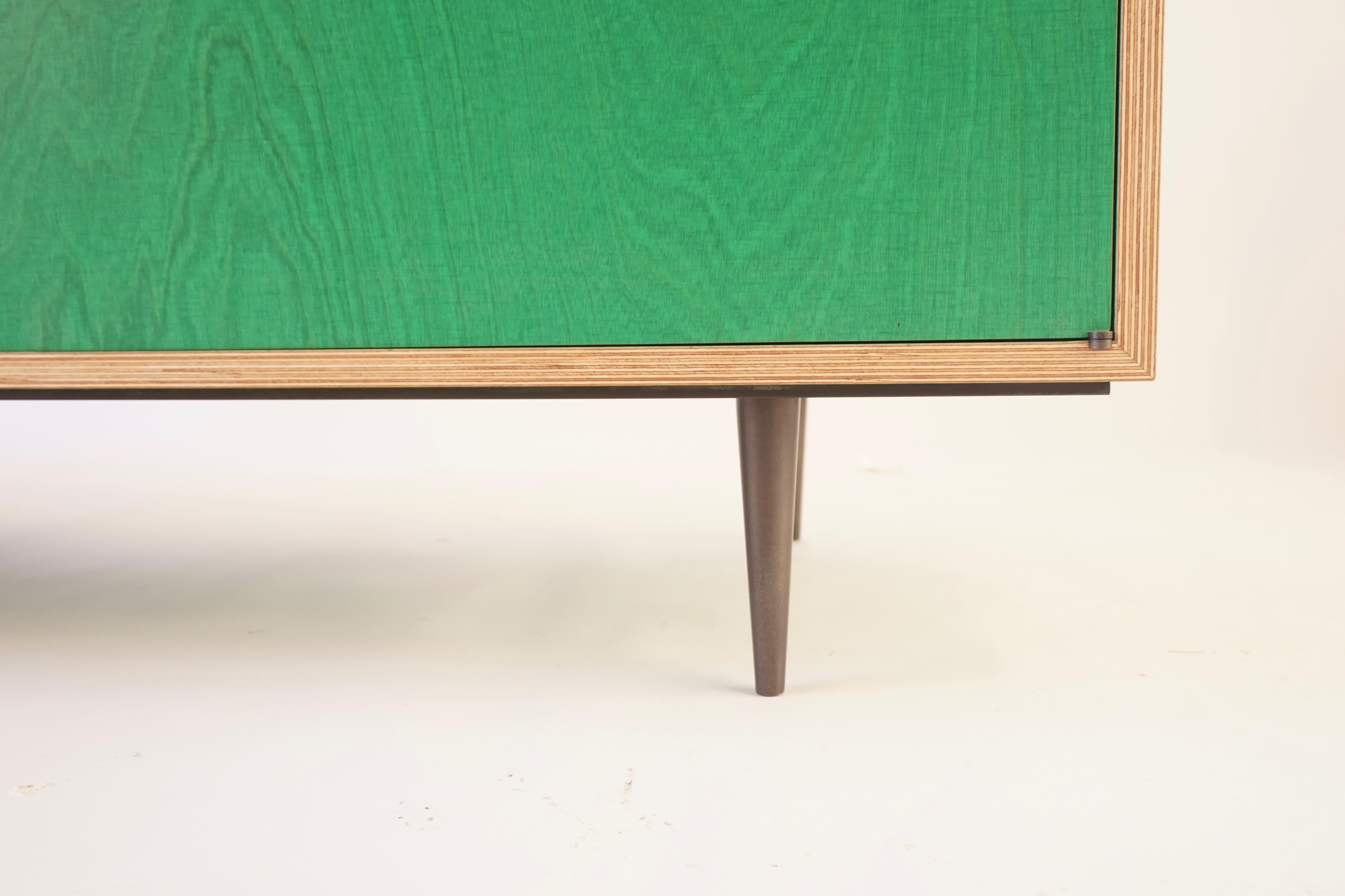 Plywood Green Finn-Ply Cabinet with Bronze Pulls and Turned Bronze Legs