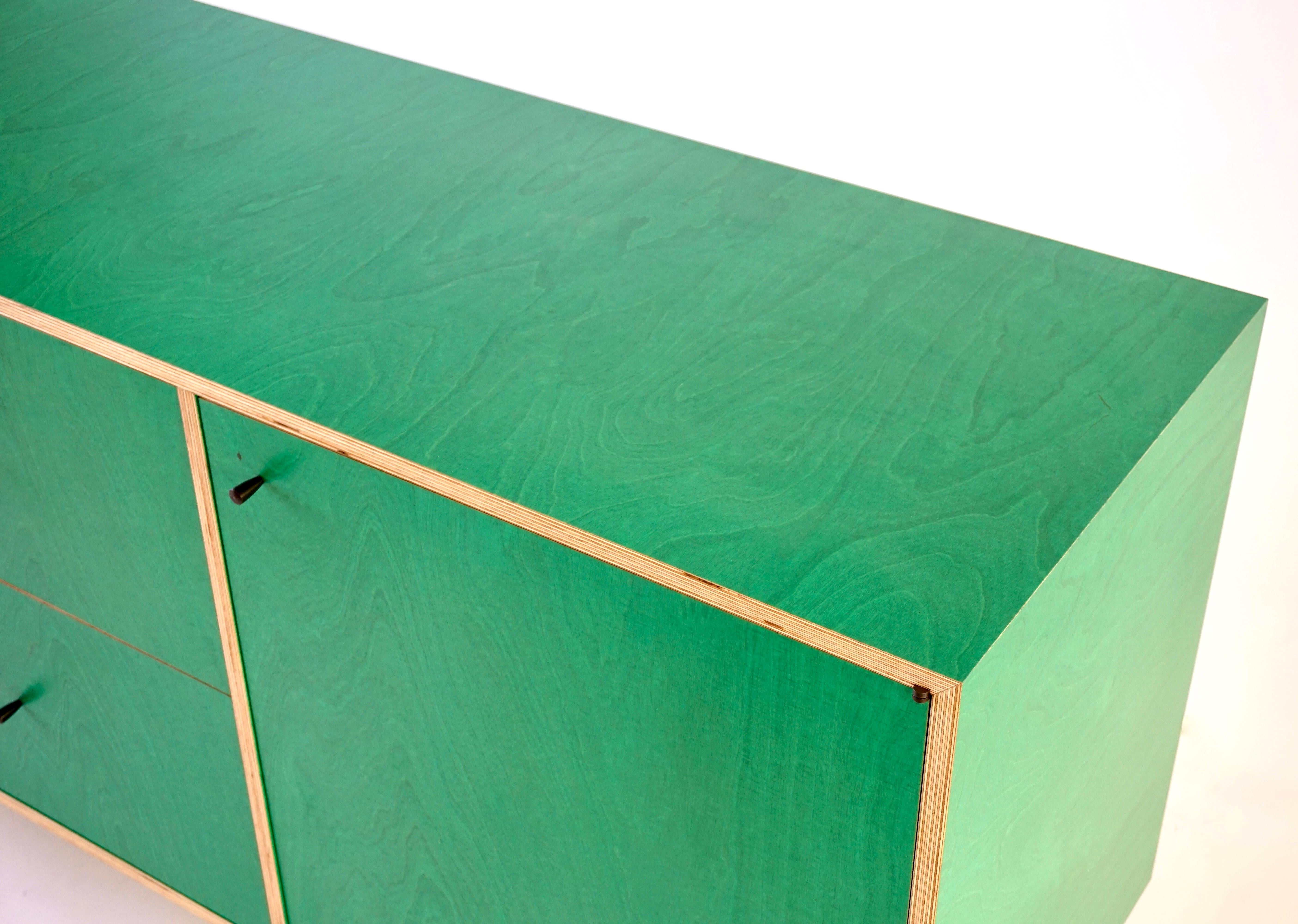 Green Finn-Ply Cabinet with Bronze Pulls and Turned Bronze Legs 2