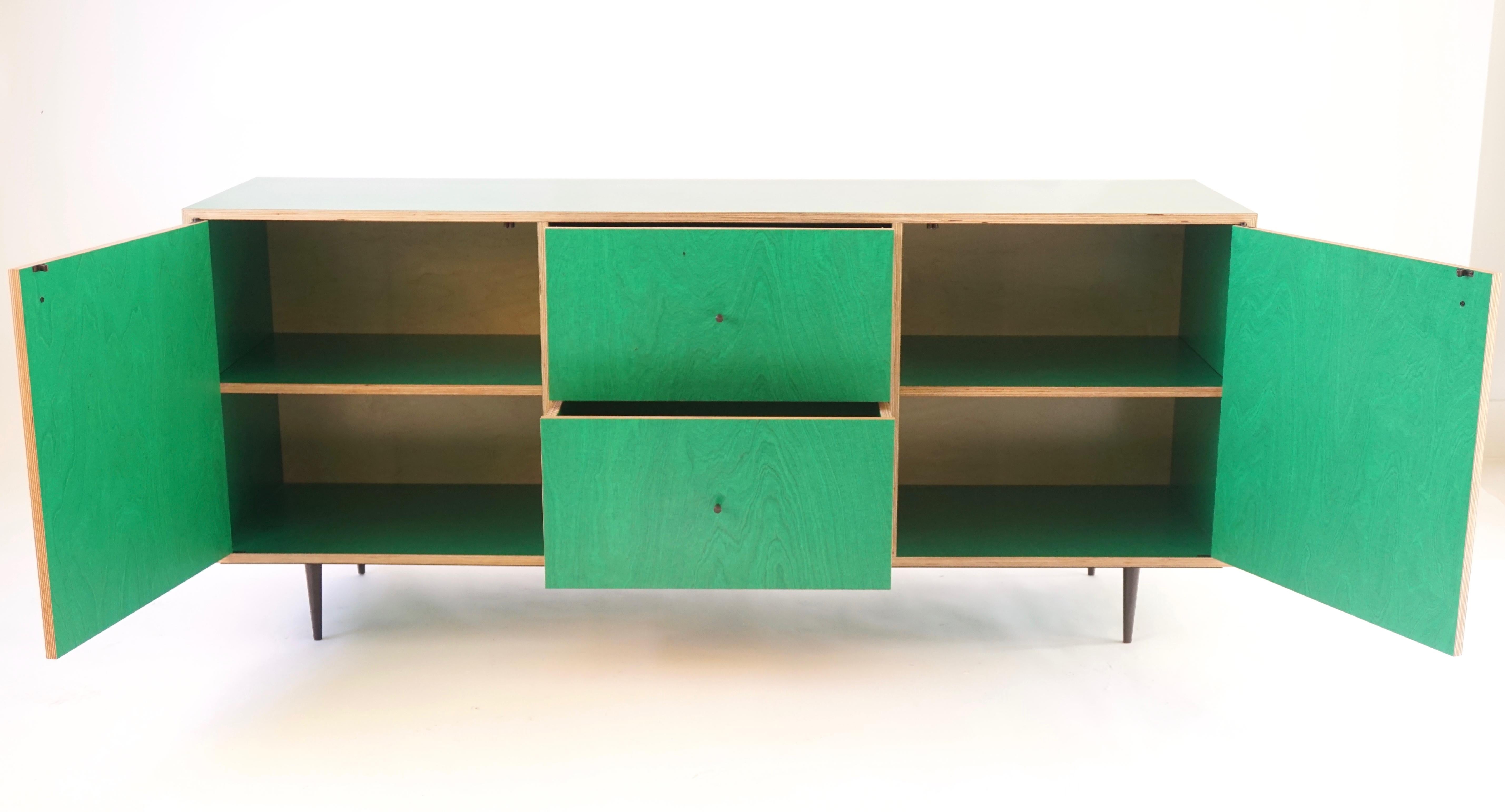 Green Finn-Ply Cabinet with Bronze Pulls and Turned Bronze Legs 3