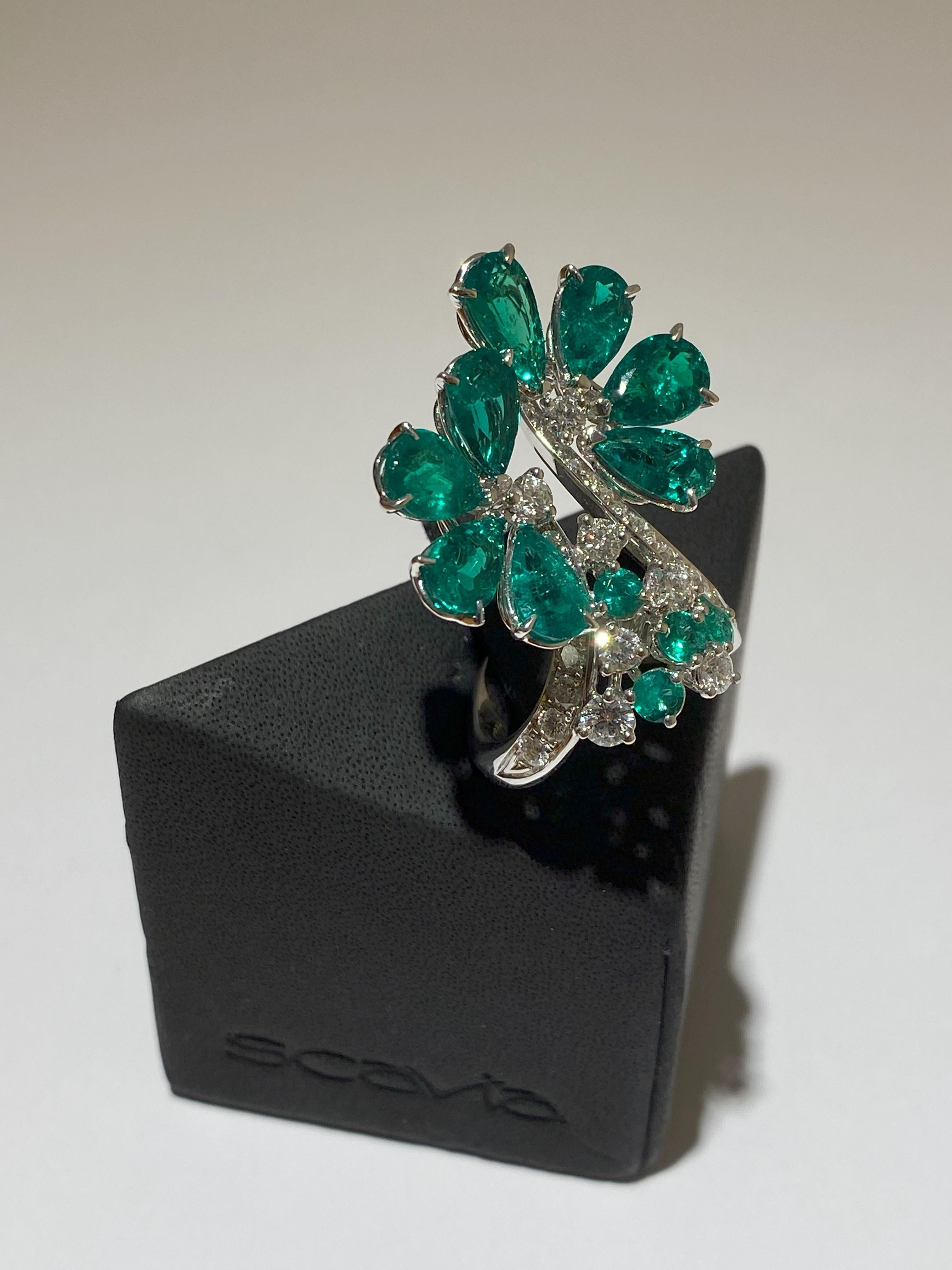 Pear Cut SCAVIA Green Emeralds Diamond Cocktail Ring For Sale