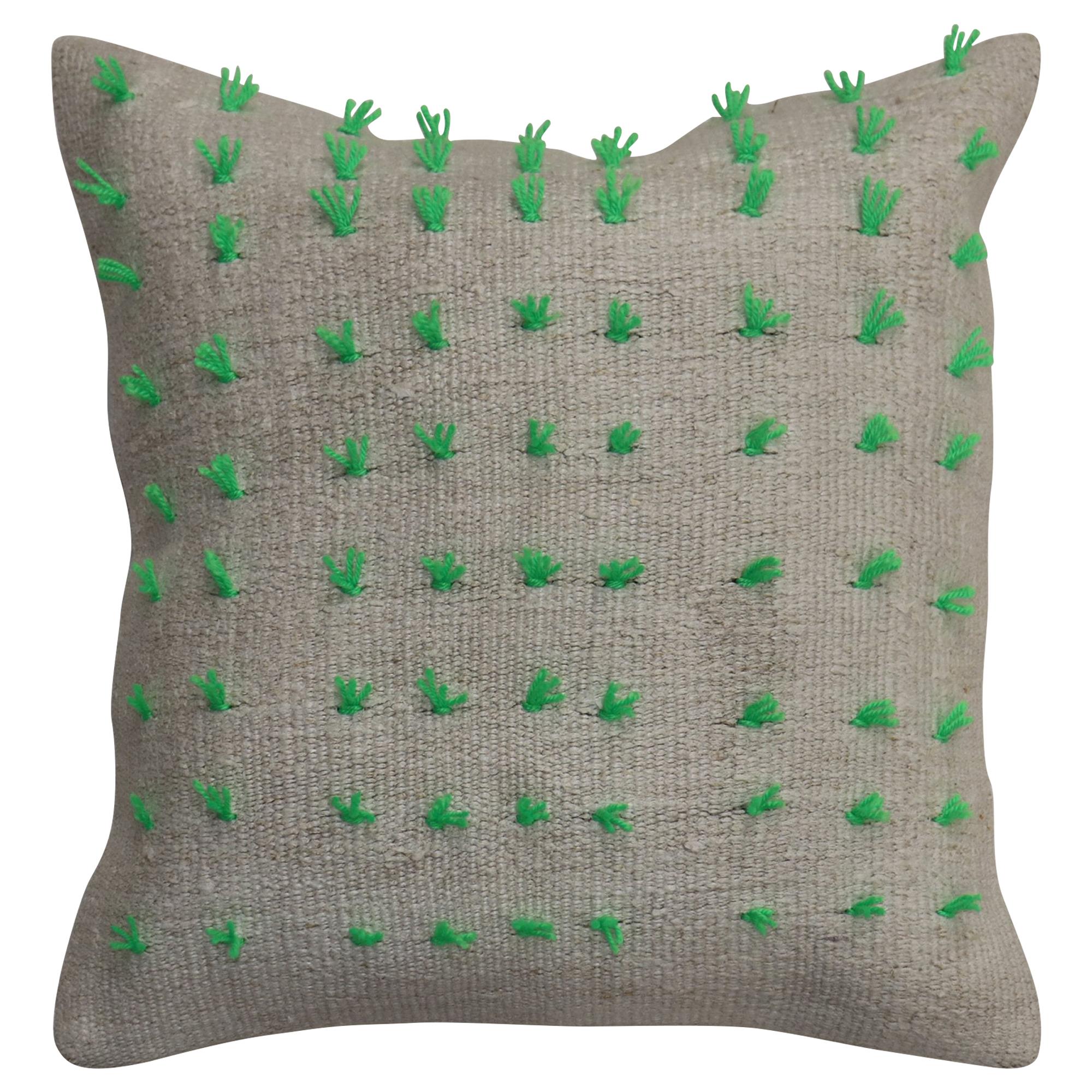 Green Flaring Wool Modern Kilim Pillow For Sale