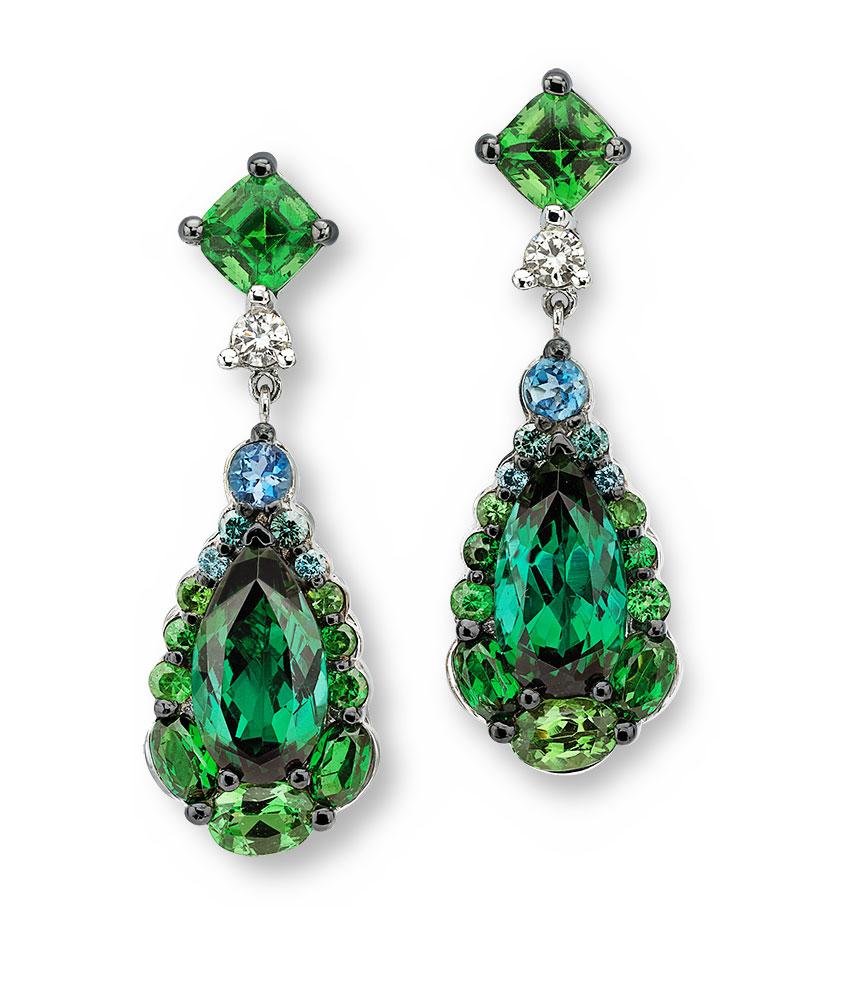 Pear Cut Green Flash Emerald Diamond & Tourmaline Drop Earrings For Sale