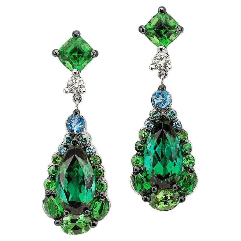 Green Flash Emerald Diamond & Tourmaline Drop Earrings For Sale