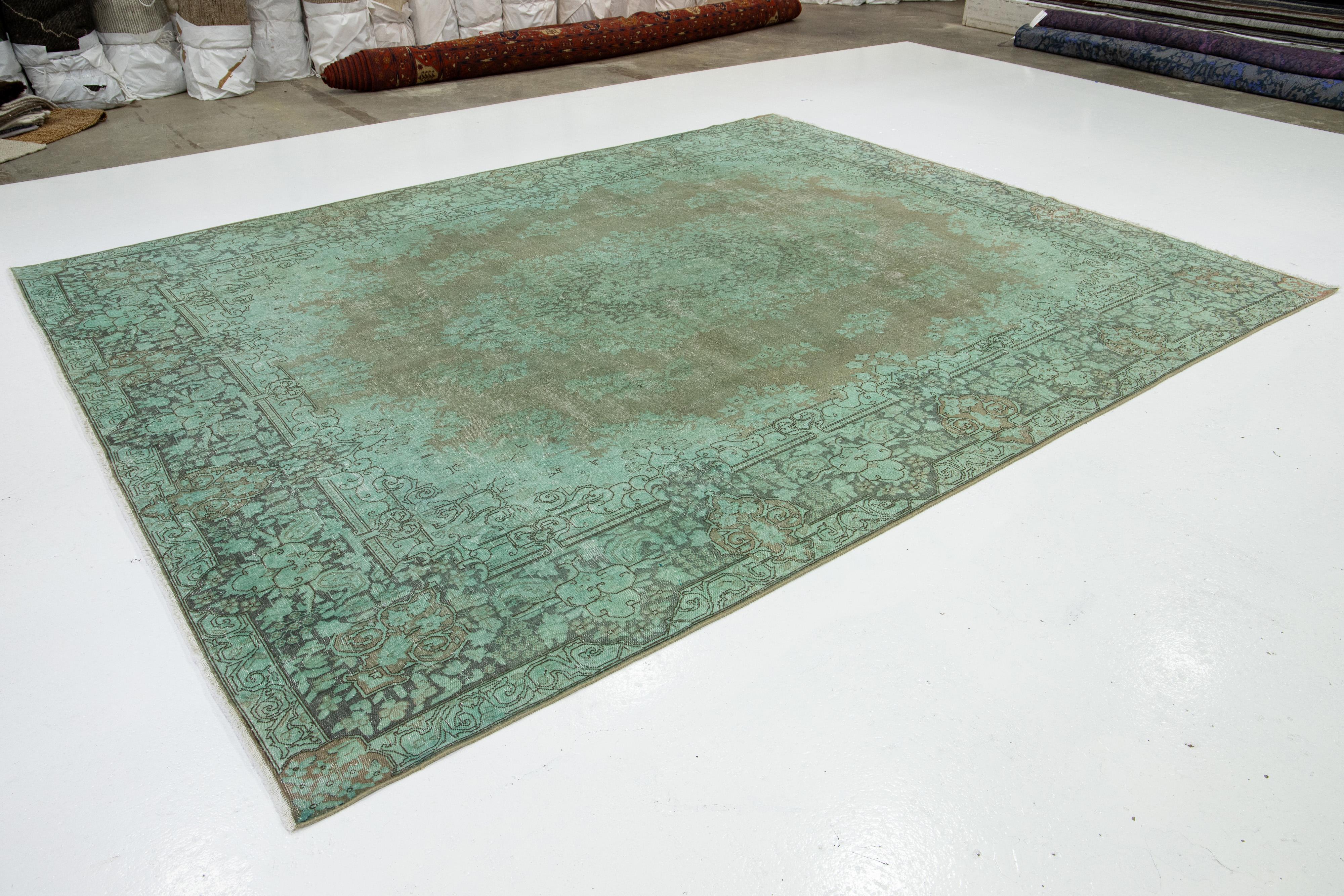 Green Floral Antique Persian Overdyed Wool Rug 10 x 13 In Good Condition For Sale In Norwalk, CT