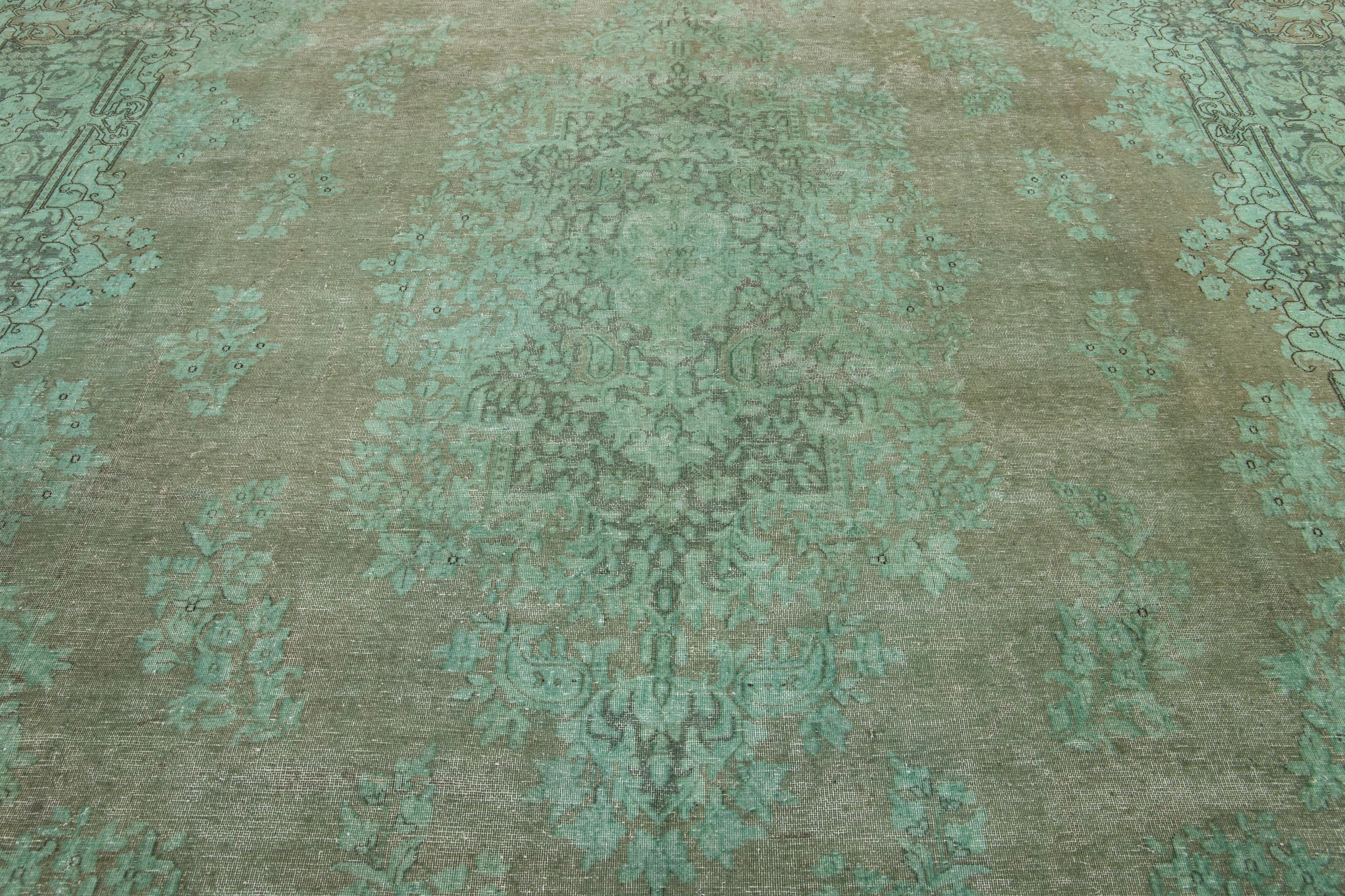 Green Floral Antique Persian Overdyed Wool Rug 10 x 13 For Sale 1