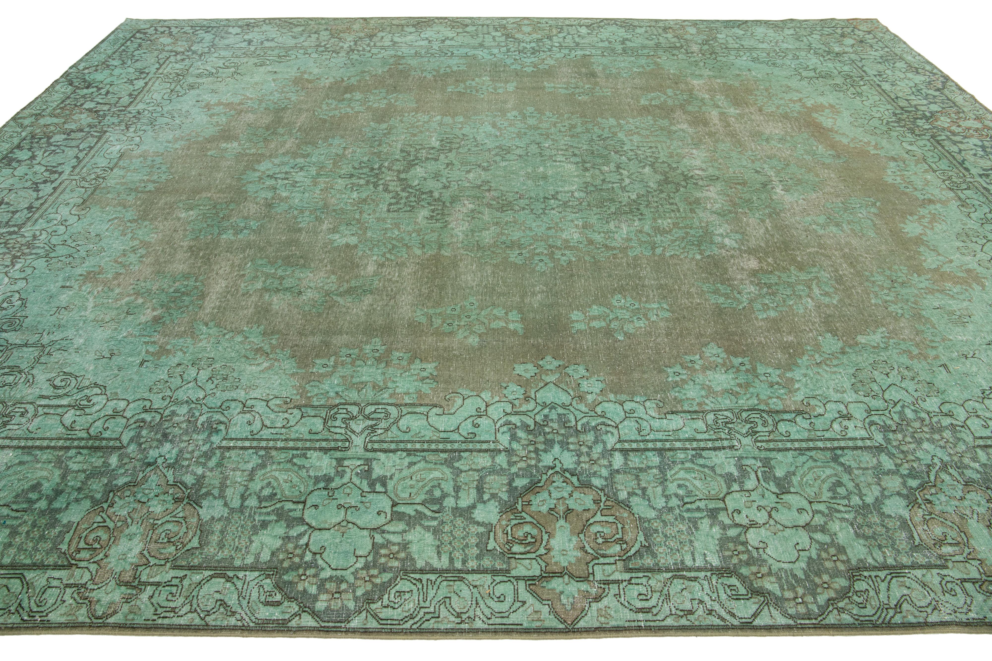 Green Floral Antique Persian Overdyed Wool Rug 10 x 13 For Sale 3