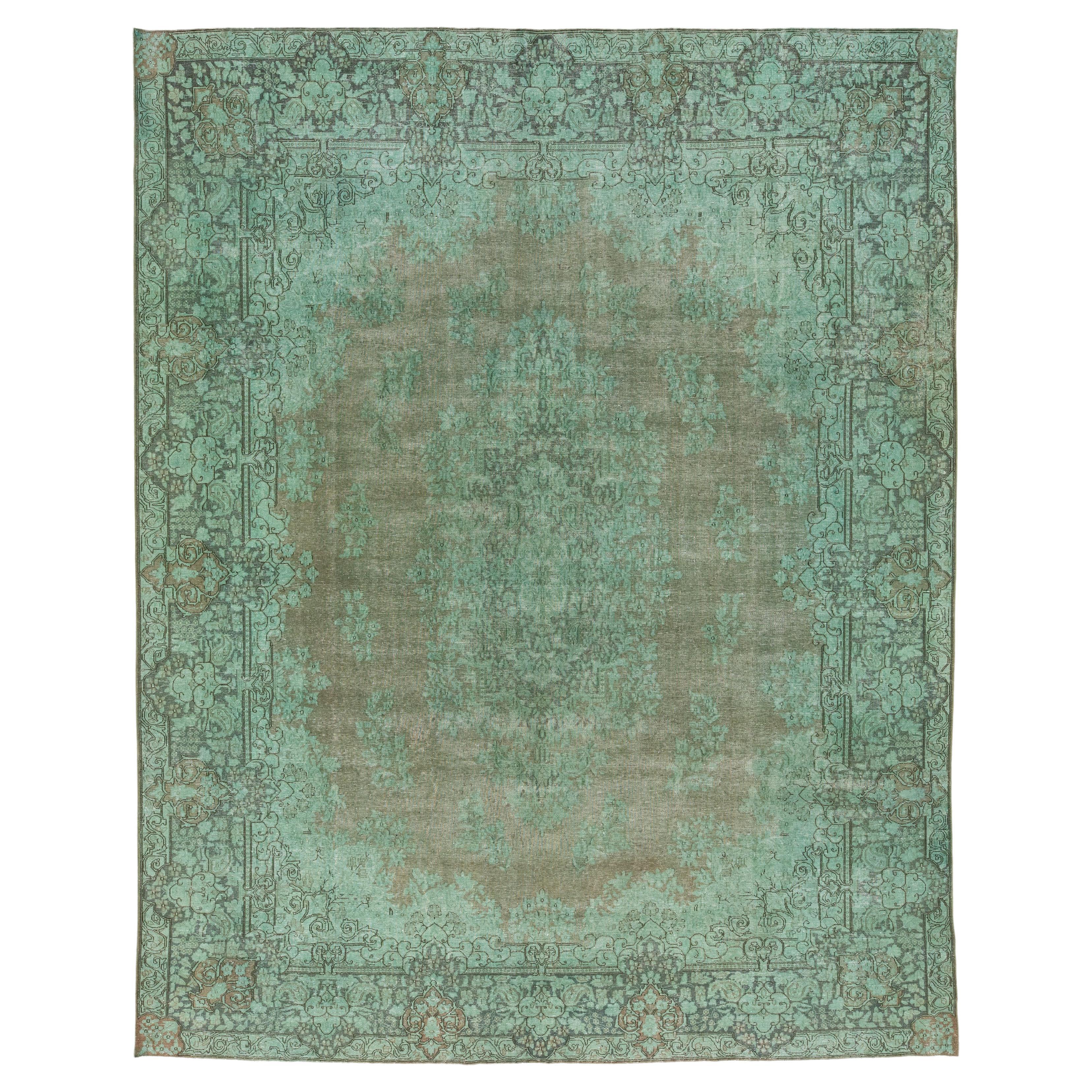 Green Floral Antique Persian Overdyed Wool Rug 10 x 13 For Sale