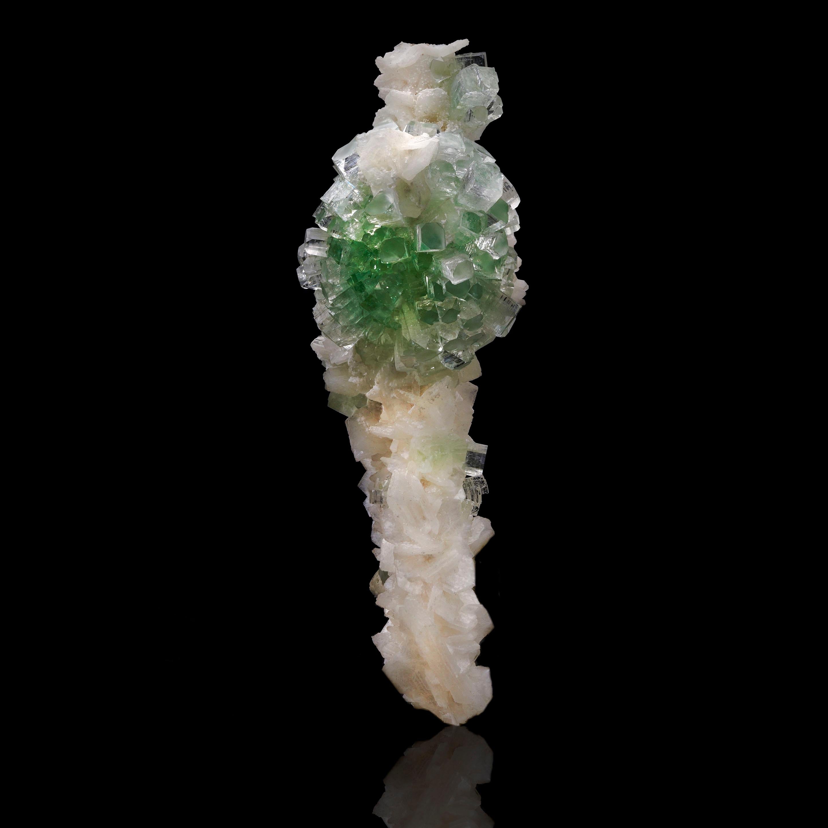 Questo abbagliante esemplare di Apofillite verde fiorisce come una palla da discoteca di cristallo - le sue formazioni cubiche a grappolo irradiano brillantezza ad ogni angolo di luce. Il nucleo verde menta è splendidamente incastonato in una