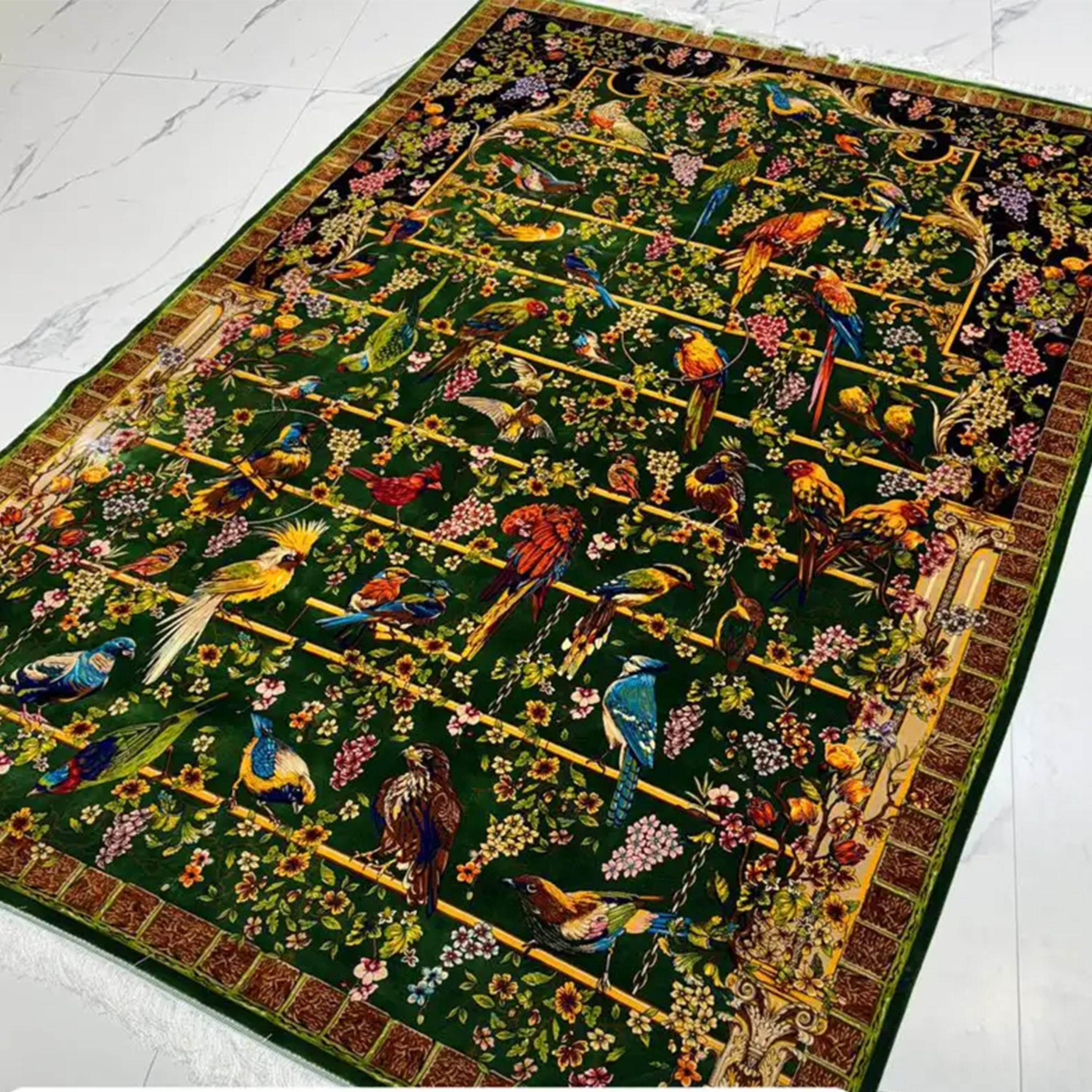 Tapiz de seda con motivos aviares, pájaro floral verde, 150×225 cm Artes y manualidades en venta