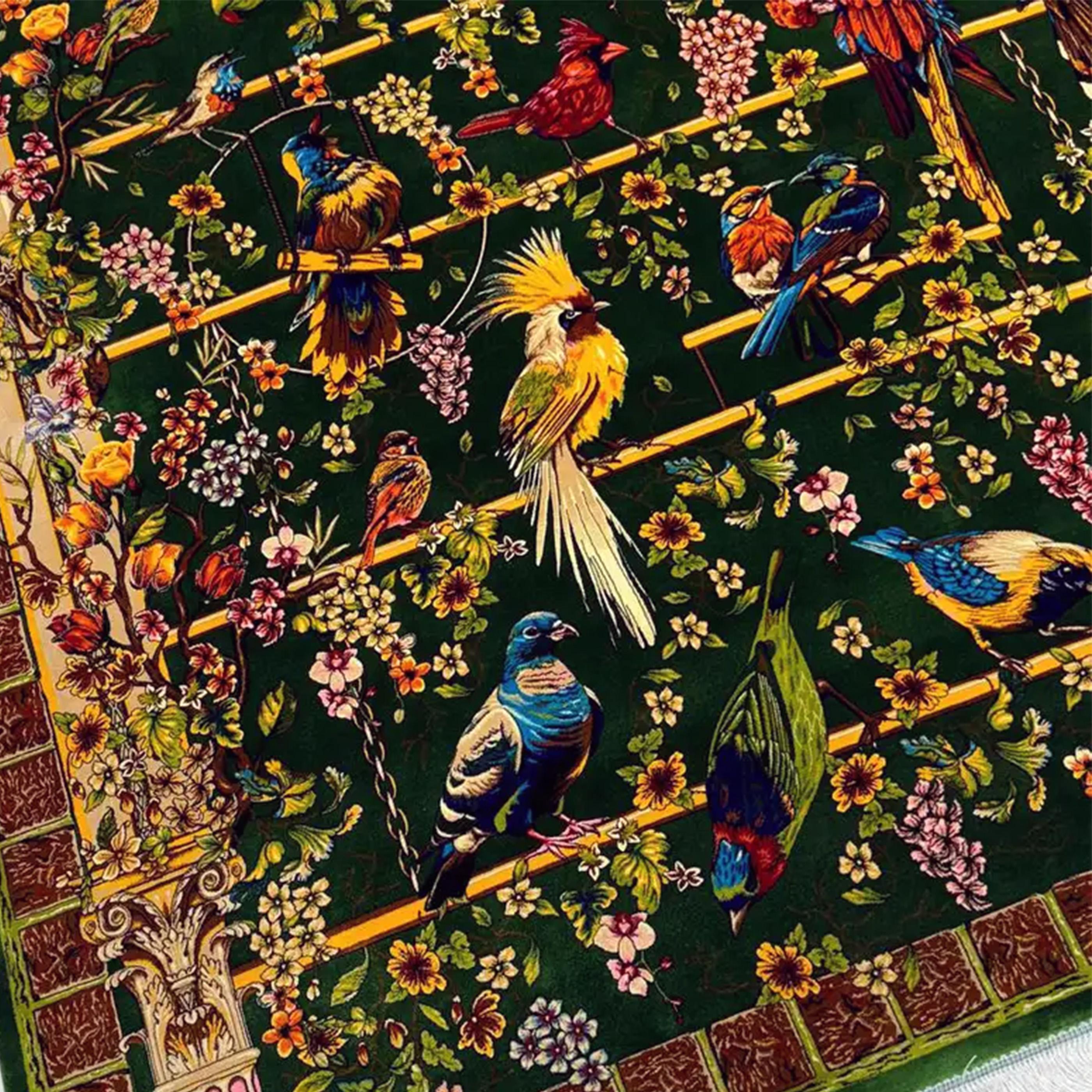 Tapiz de seda con motivos aviares, pájaro floral verde, 150×225 cm Inglés en venta