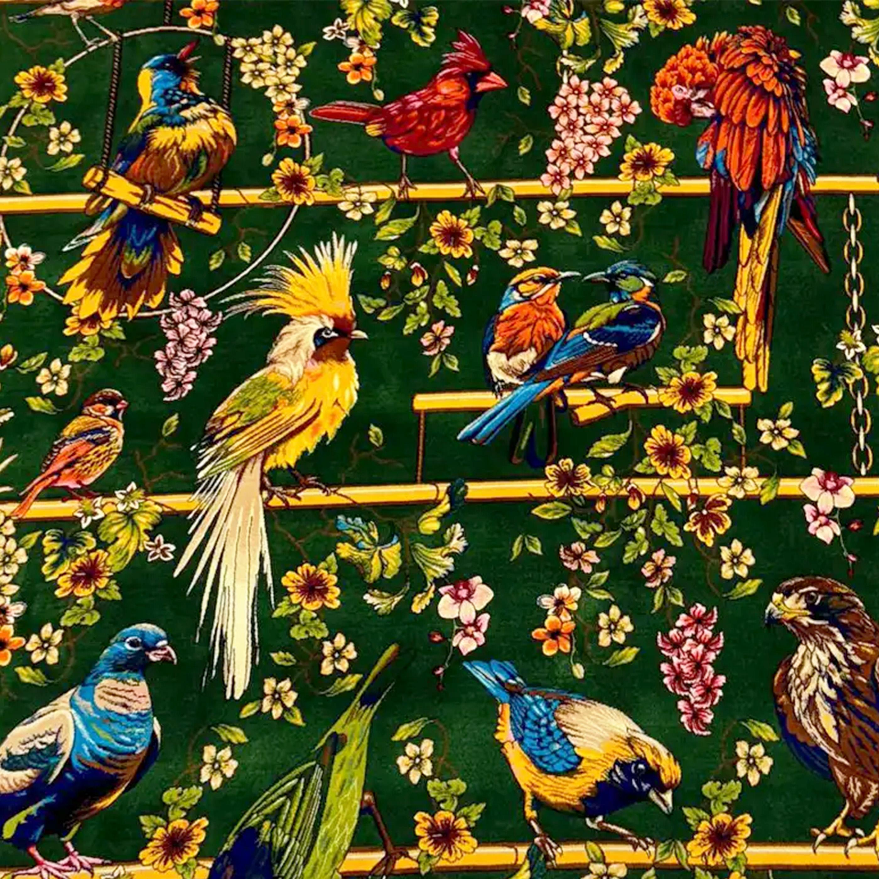 Tapiz de seda con motivos aviares, pájaro floral verde, 150×225 cm Teñido con vegetales en venta