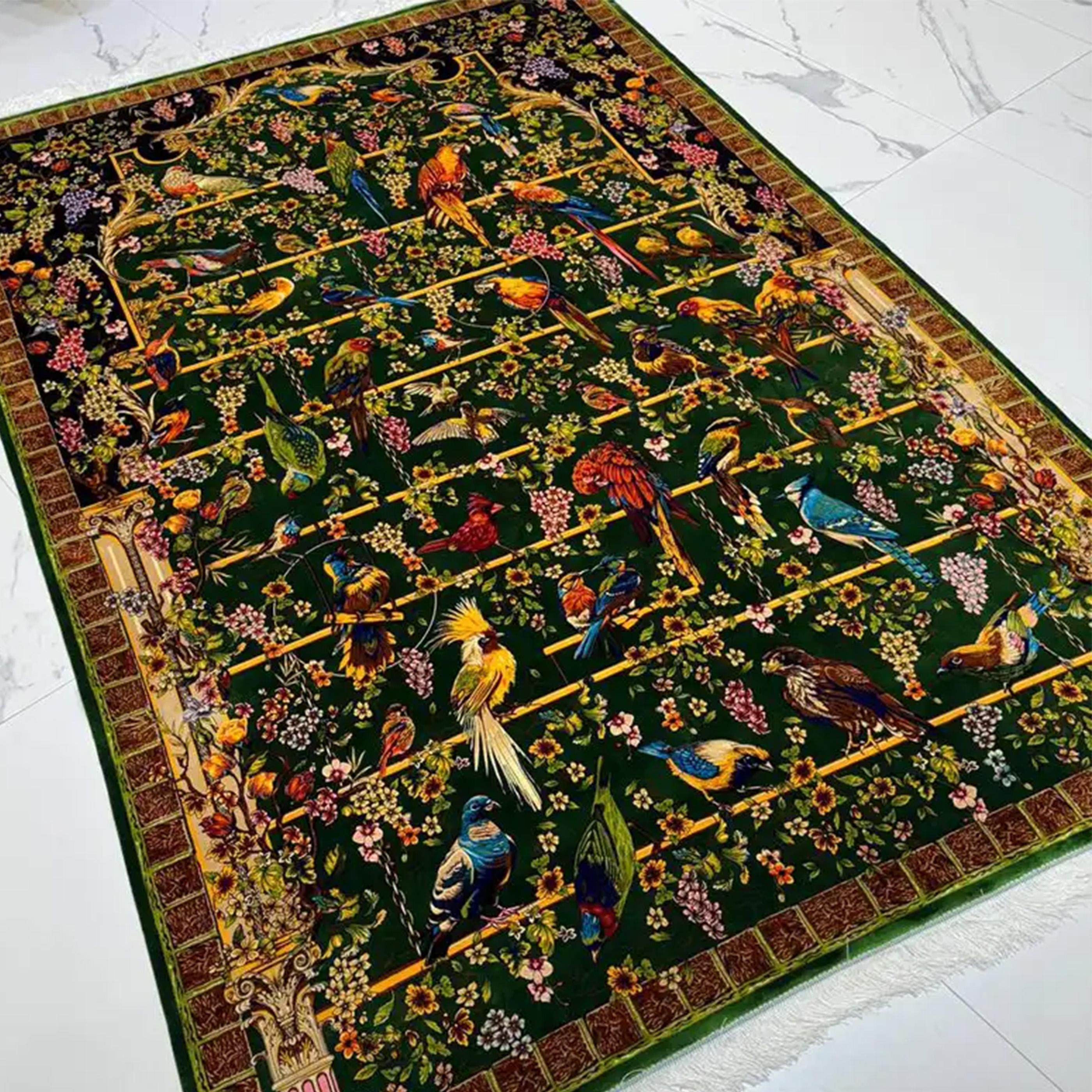 Tapiz de seda con motivos aviares, pájaro floral verde, 150×225 cm en Nuevo estado para la venta en Pudsey, GB