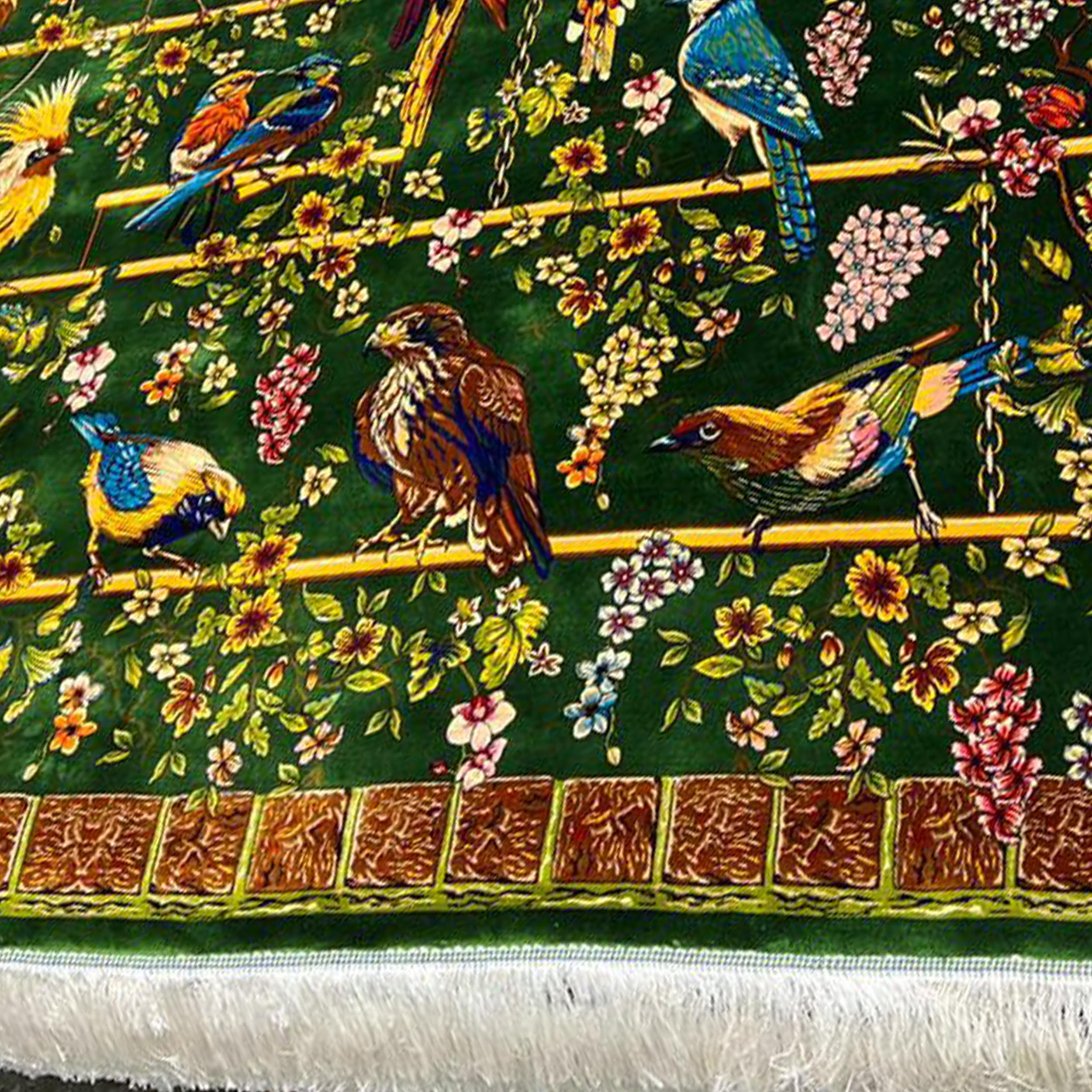 Tapiz de seda con motivos aviares, pájaro floral verde, 150×225 cm Seda en venta