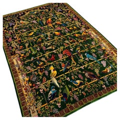 Tapiz de seda con motivos aviares, pájaro floral verde, 150×225 cm