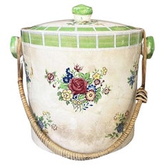 Green Floral Ceramic Ice Bucket or Vase with Lid and Rattan Handle - Japan