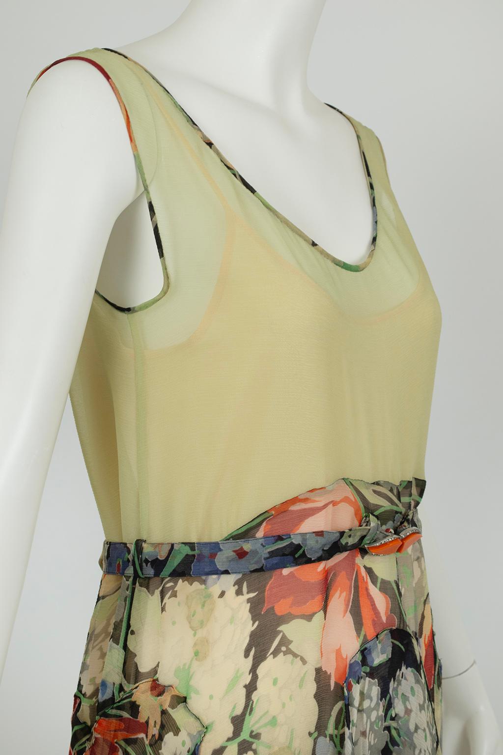 Green Floral Chiffon Sleeveless Handkerchief Dress w Flutter Capelet – XS, 1920s For Sale 6