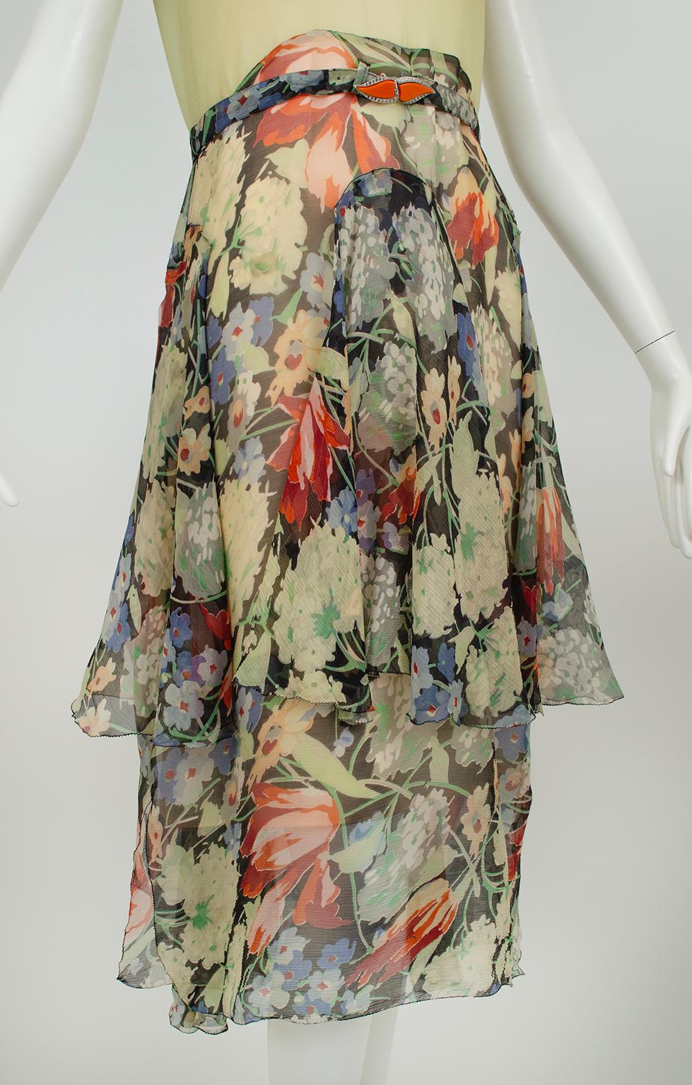 Green Floral Chiffon Sleeveless Handkerchief Dress w Flutter Capelet – XS, 1920s For Sale 7