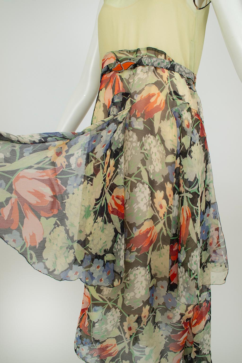 Green Floral Chiffon Sleeveless Handkerchief Dress w Flutter Capelet – XS, 1920s For Sale 8