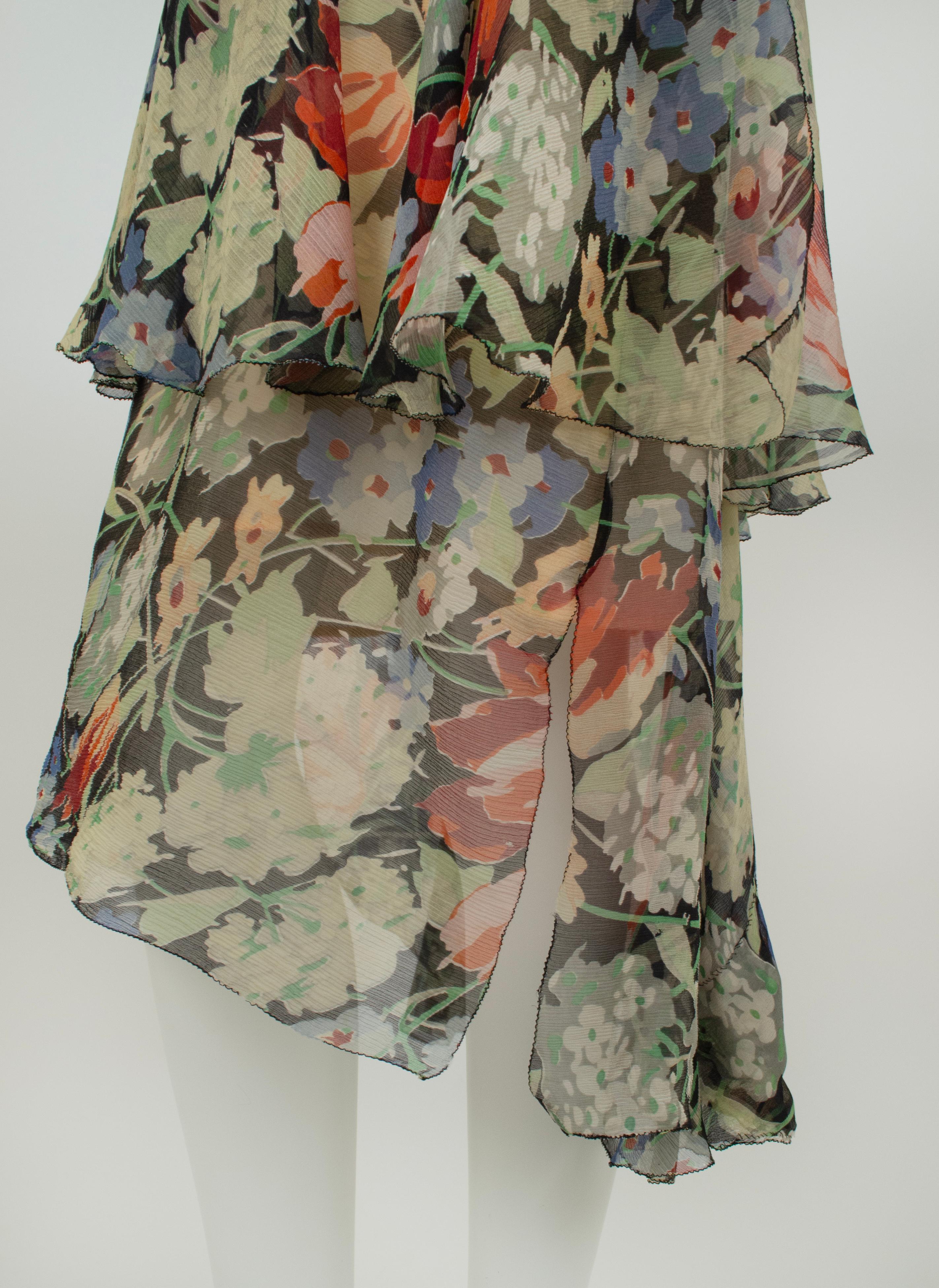 Green Floral Chiffon Sleeveless Handkerchief Dress w Flutter Capelet – XS, 1920s For Sale 9