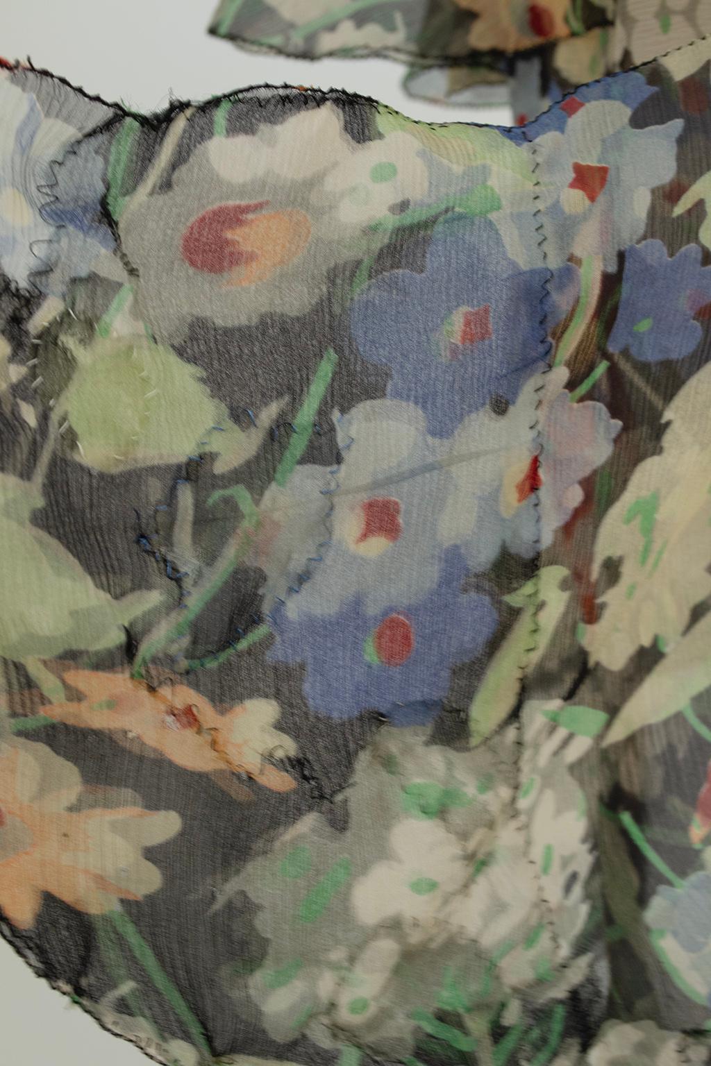 Green Floral Chiffon Sleeveless Handkerchief Dress w Flutter Capelet – XS, 1920s For Sale 13