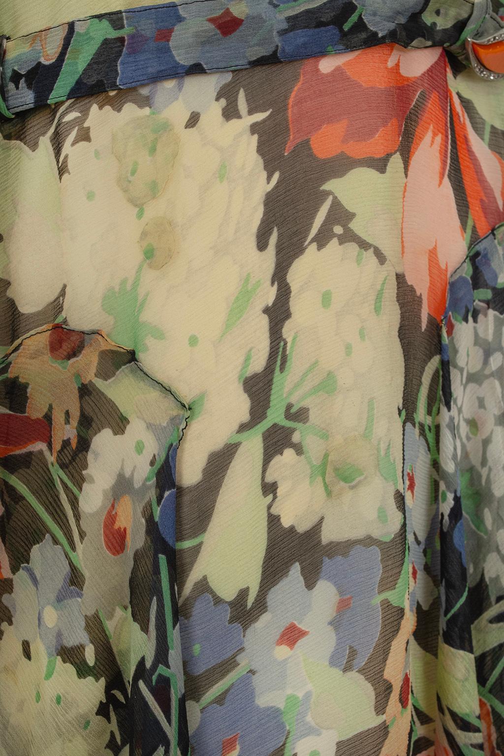 Green Floral Chiffon Sleeveless Handkerchief Dress w Flutter Capelet – XS, 1920s For Sale 14