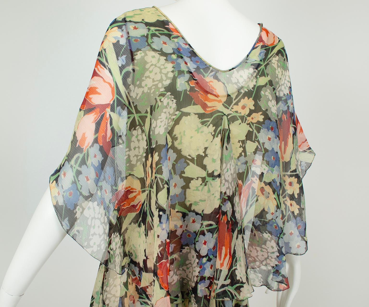 Green Floral Chiffon Sleeveless Handkerchief Dress w Flutter Capelet – XS, 1920s For Sale 1