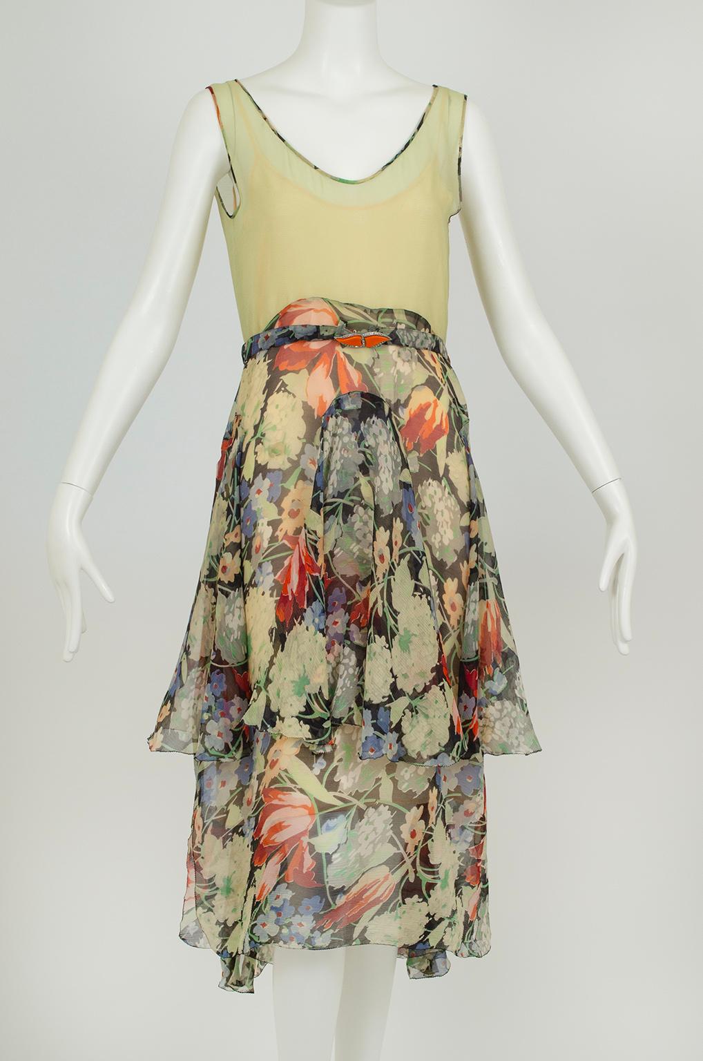 Green Floral Chiffon Sleeveless Handkerchief Dress w Flutter Capelet – XS, 1920s For Sale 2