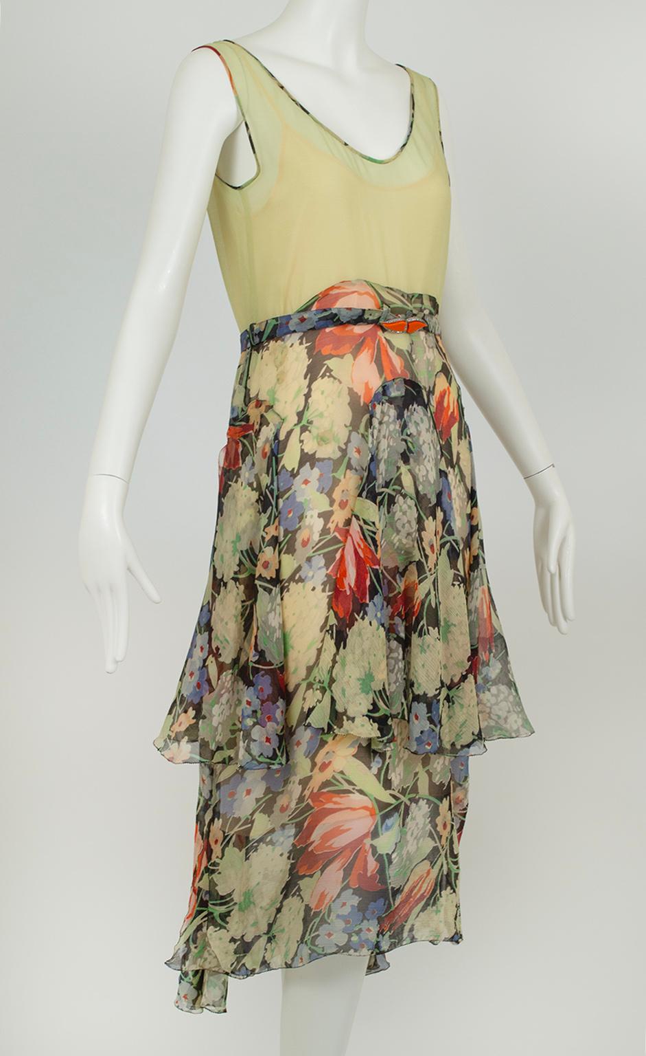 Green Floral Chiffon Sleeveless Handkerchief Dress w Flutter Capelet – XS, 1920s For Sale 3