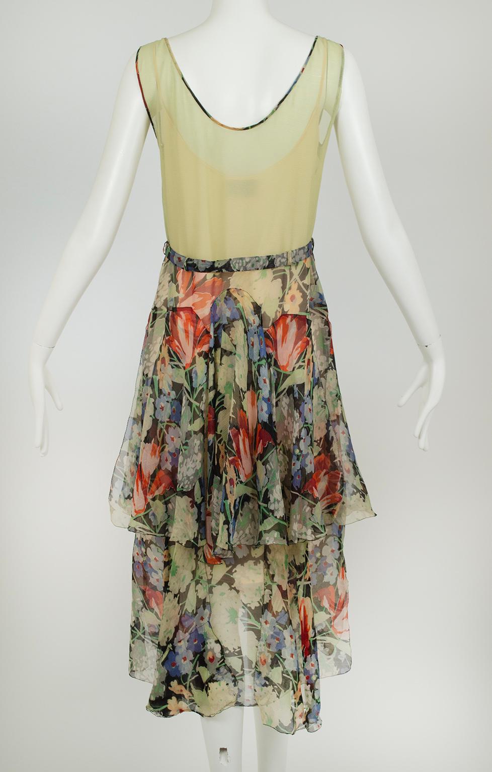 Green Floral Chiffon Sleeveless Handkerchief Dress w Flutter Capelet – XS, 1920s For Sale 4