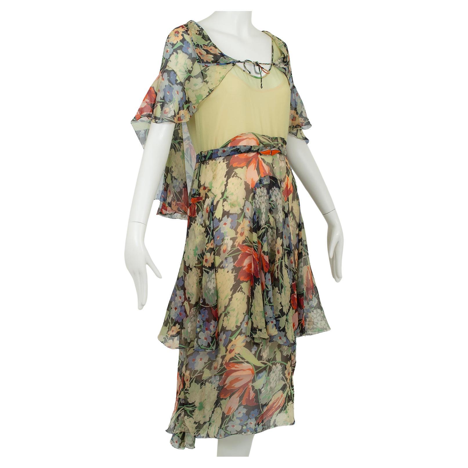 Green Floral Chiffon Sleeveless Handkerchief Dress w Flutter Capelet – XS, 1920s For Sale