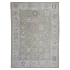 Green Floral Design Handwoven Wool Turkish Oushak Rug 10'1" X 14'1"