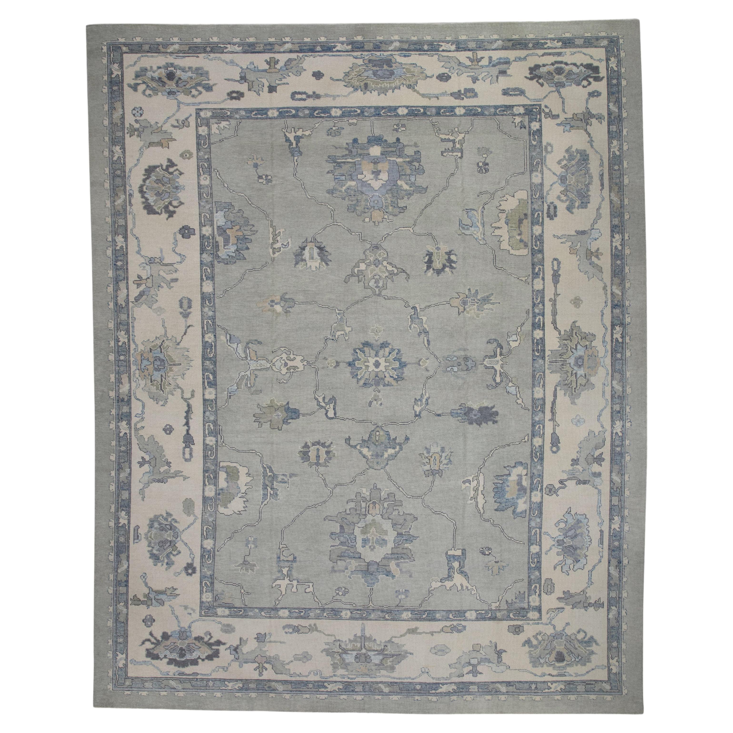 Green Floral Design Handwoven Wool Turkish Oushak Rug 12'3" X 15'7" For Sale