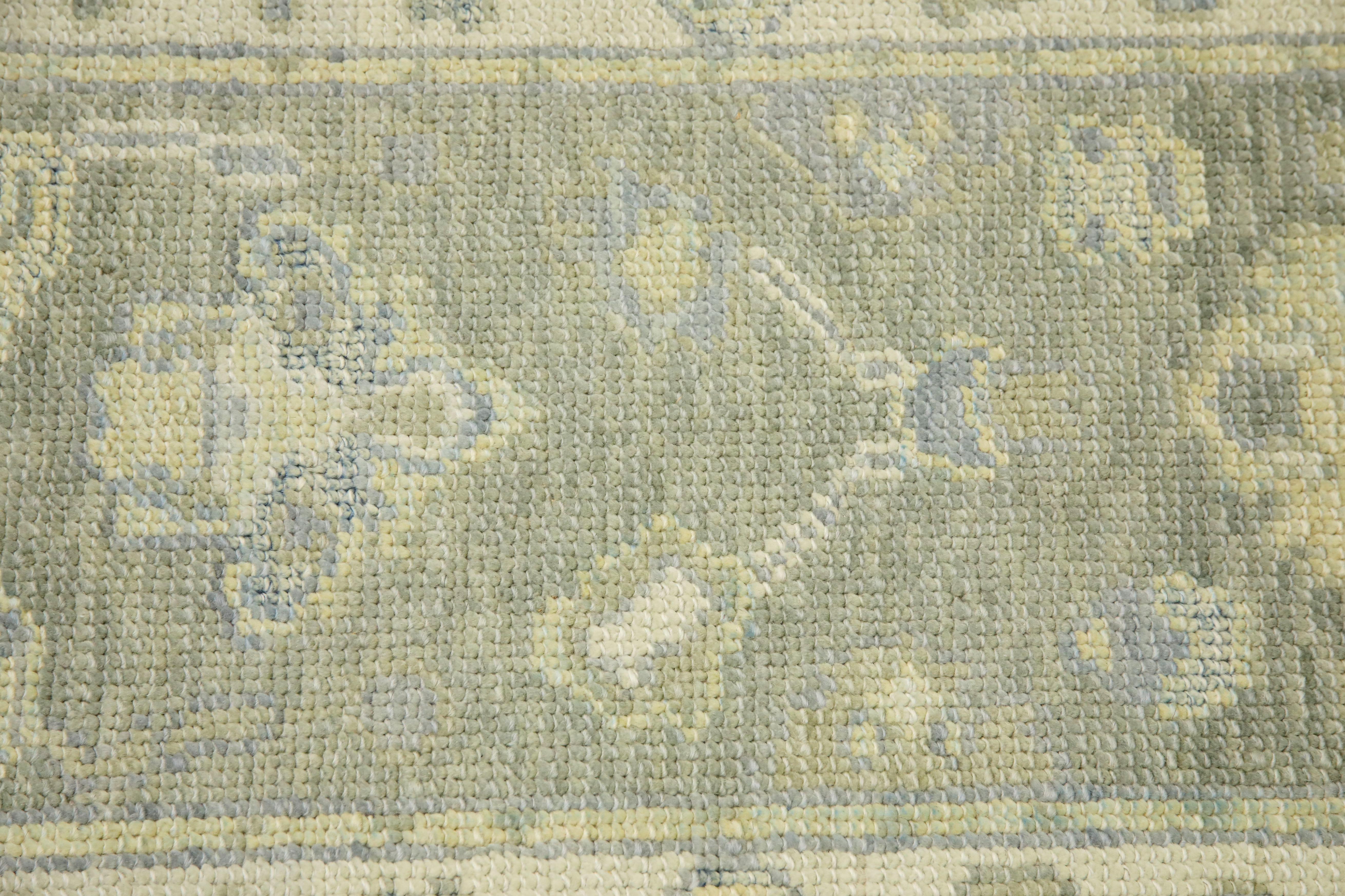 Hand-Woven Green Floral Design Handwoven Wool Turkish Oushak Rug For Sale