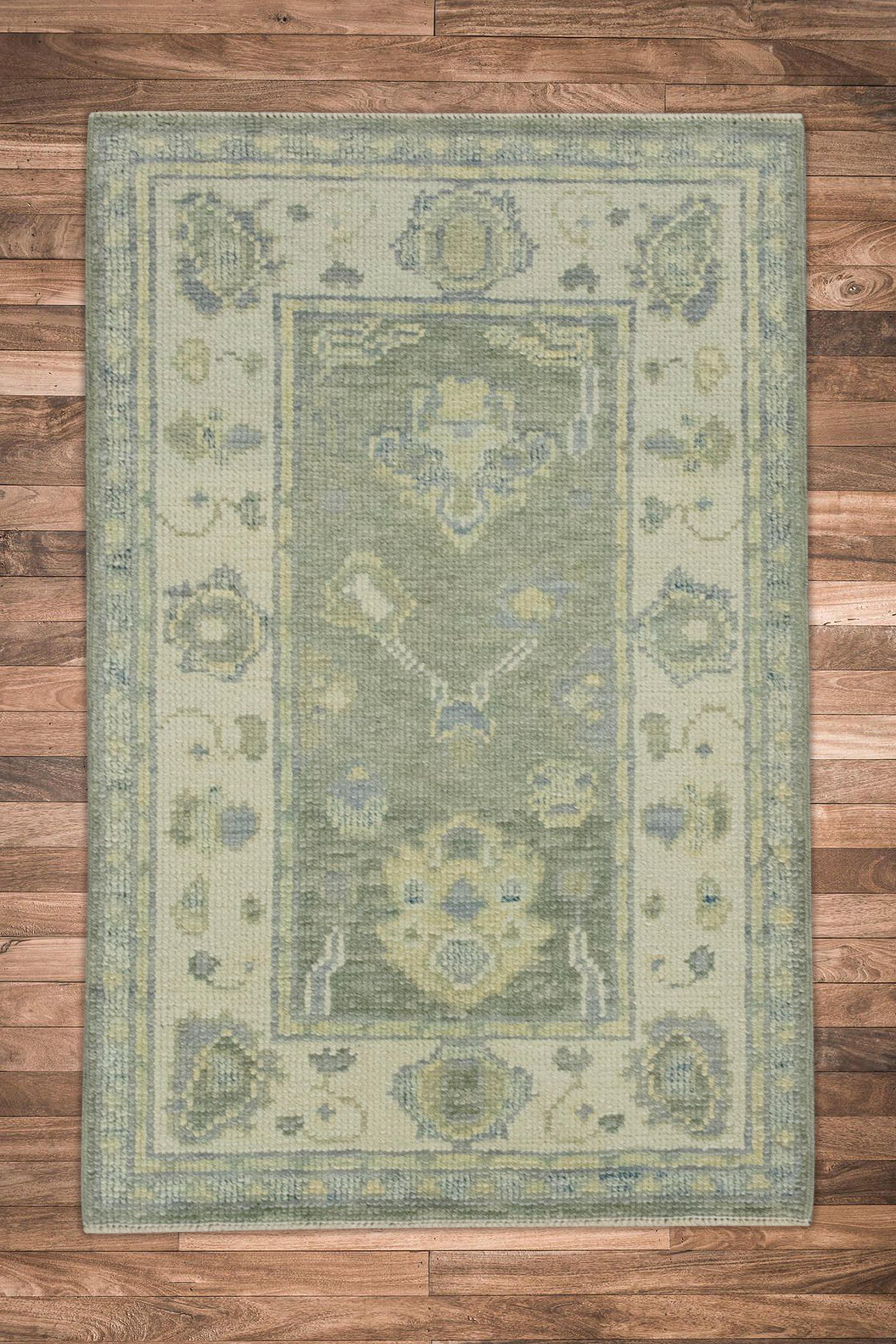 Contemporary Green Floral Design Handwoven Wool Turkish Oushak Rug For Sale
