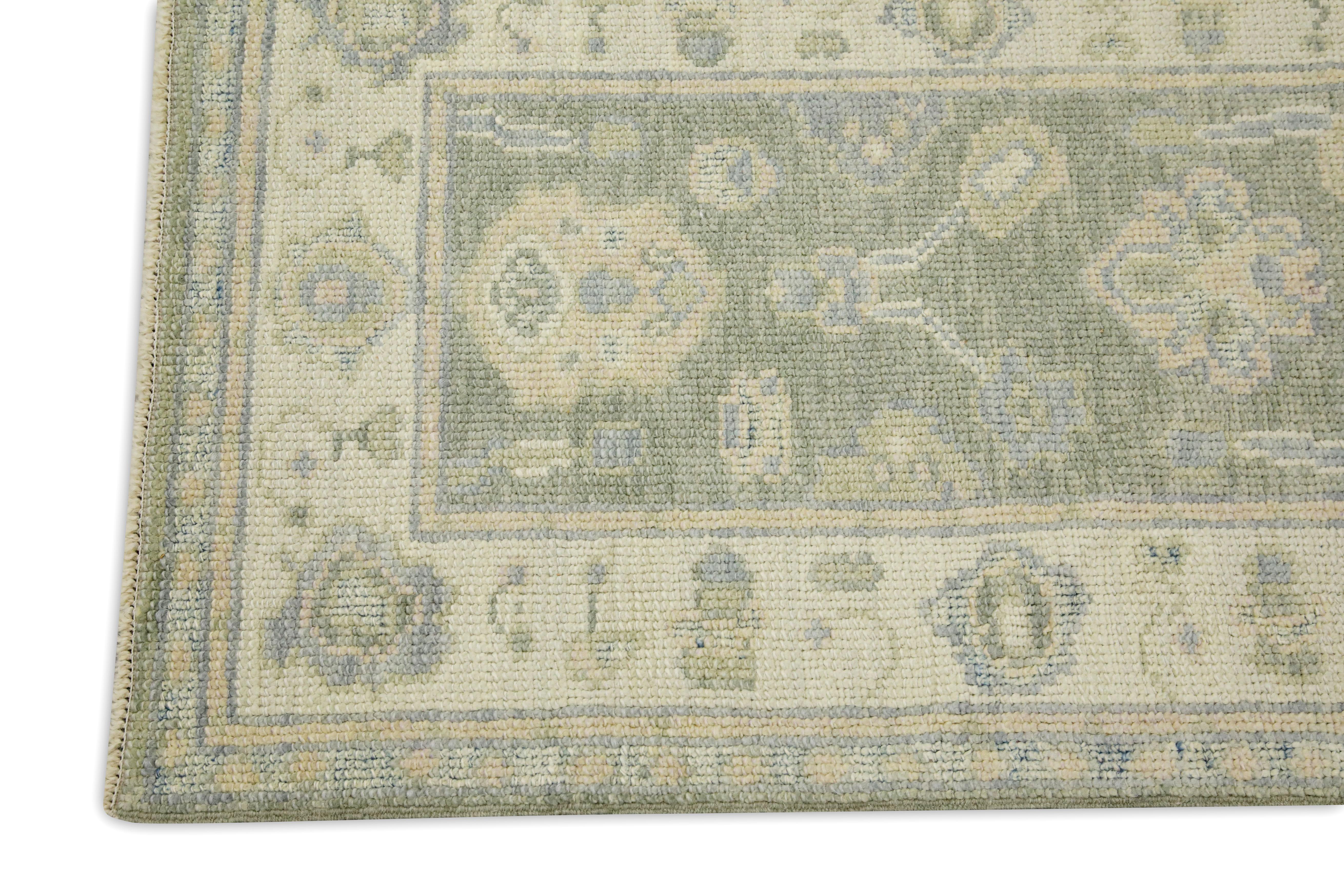 Hand-Woven Green Floral Design Handwoven Wool Turkish Oushak Rug For Sale