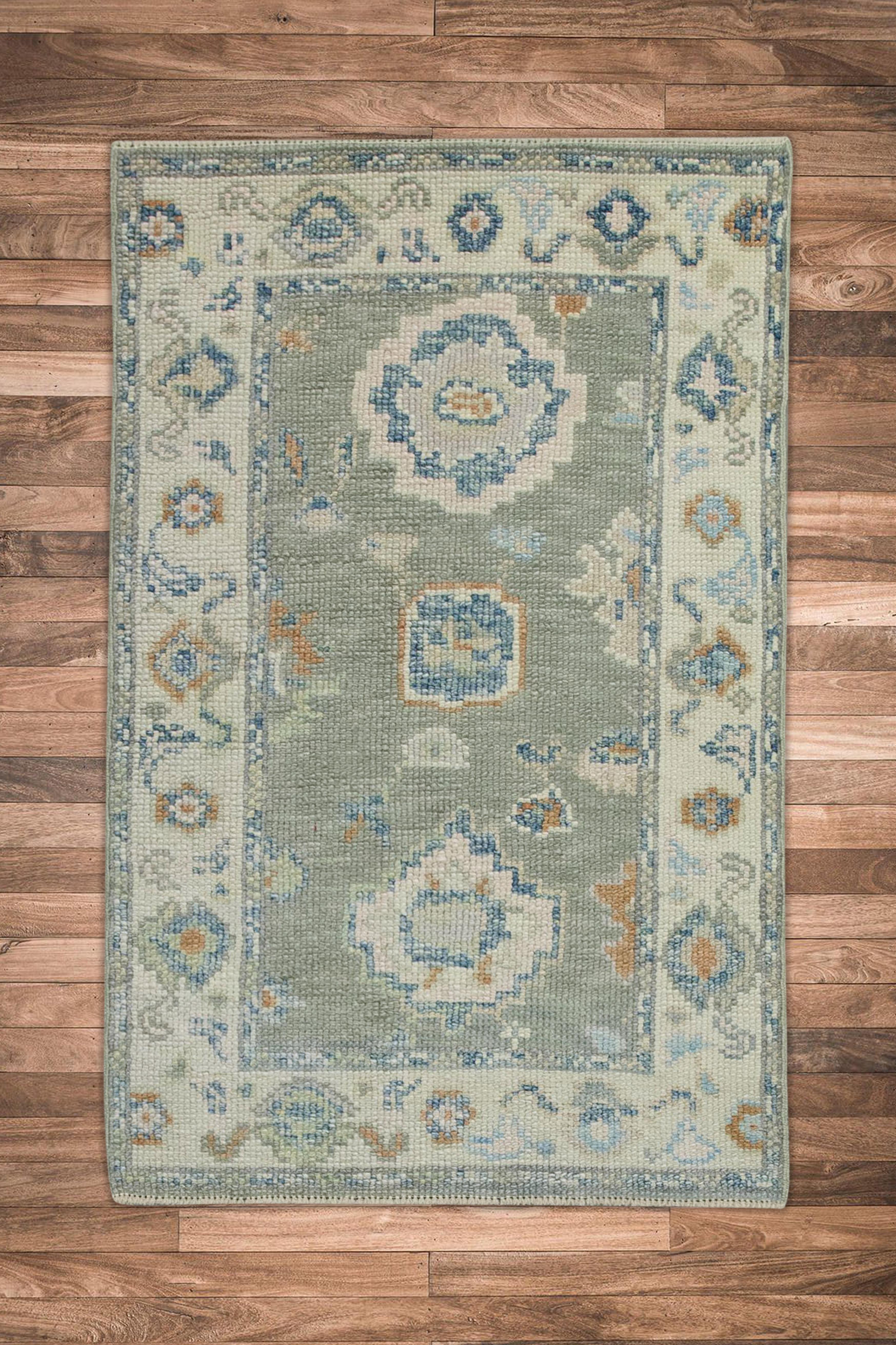Contemporary Green Floral Design Handwoven Wool Turkish Oushak Rug