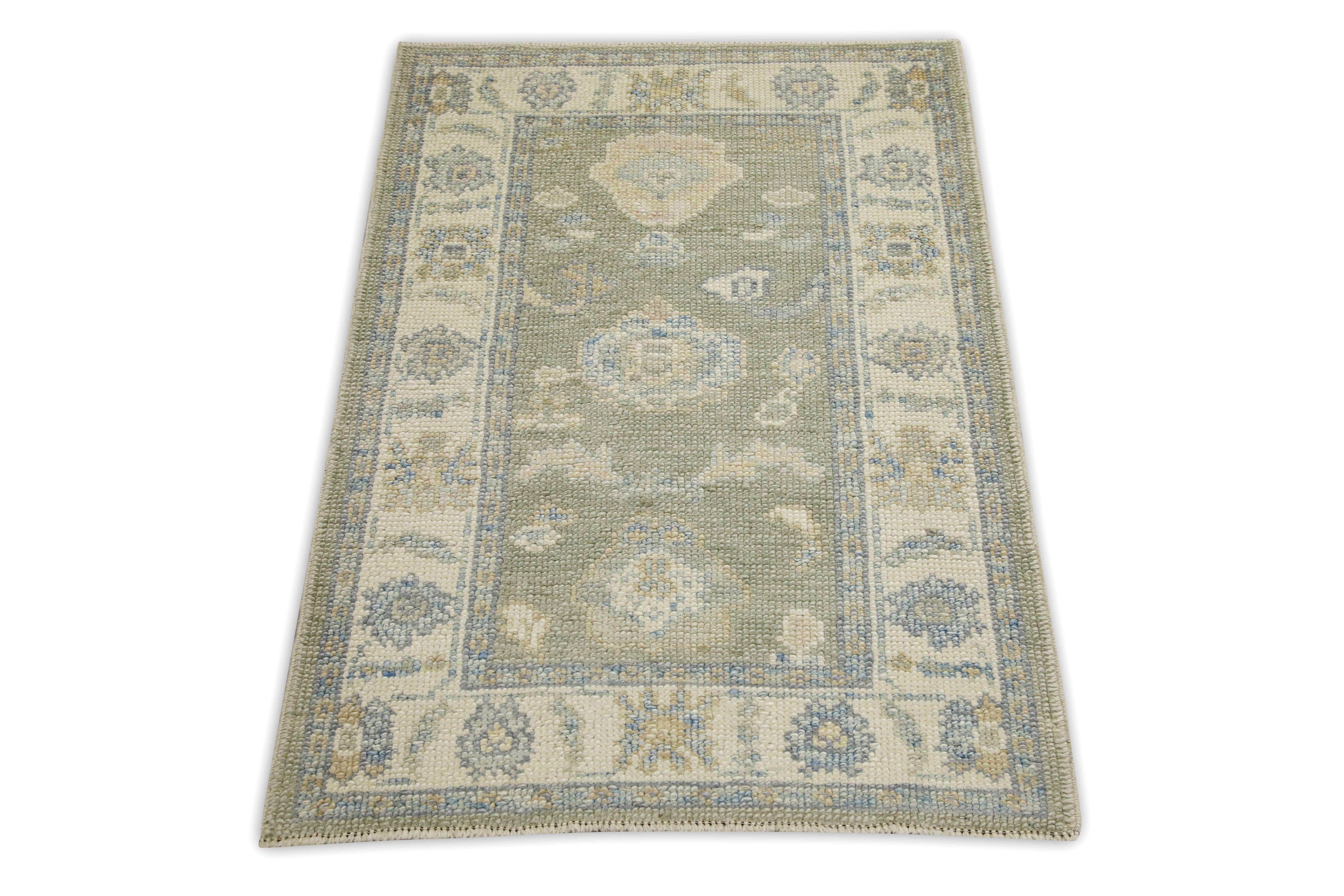 Green Floral Design Handwoven Wool Turkish Oushak Rug In New Condition For Sale In Houston, TX