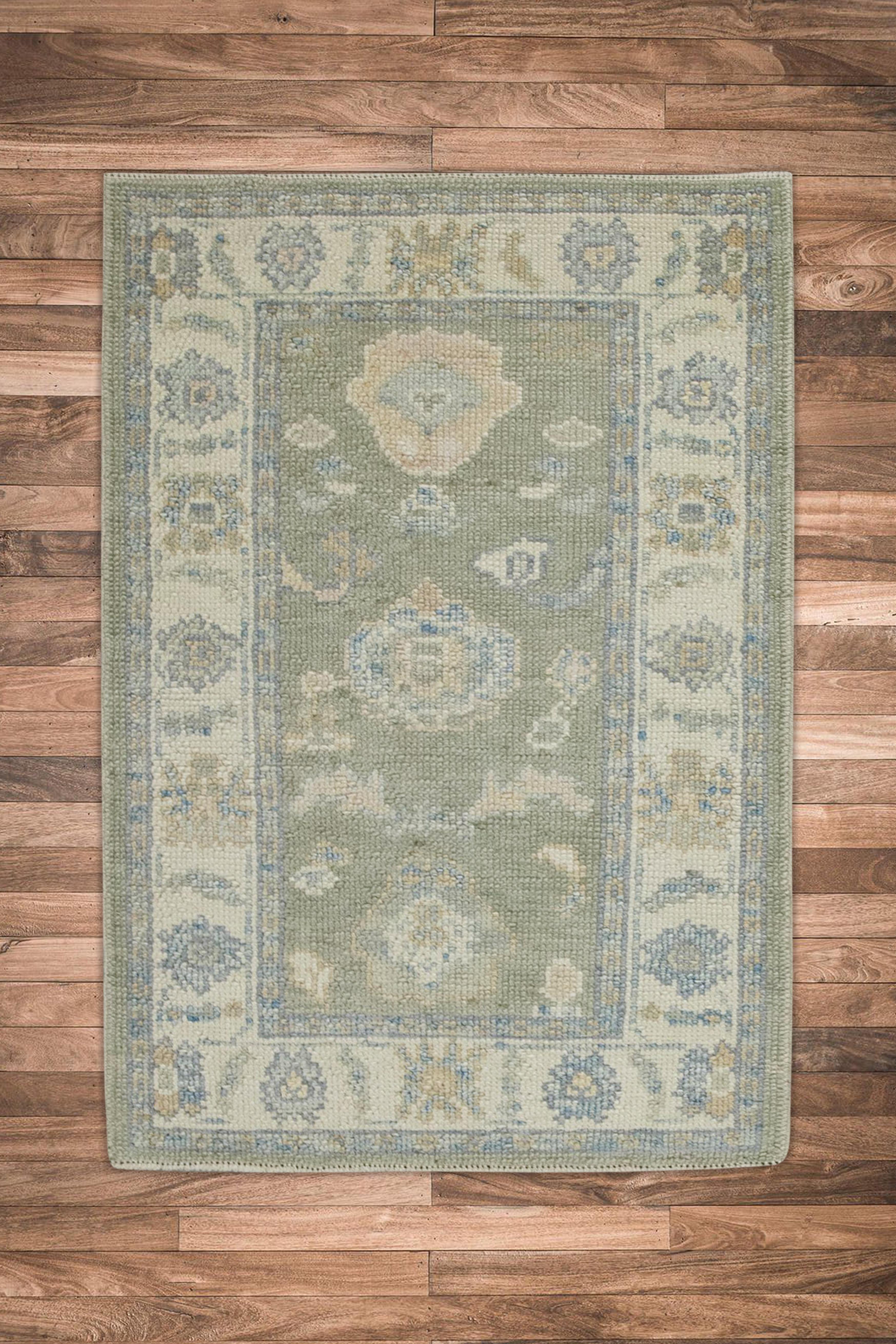Contemporary Green Floral Design Handwoven Wool Turkish Oushak Rug For Sale