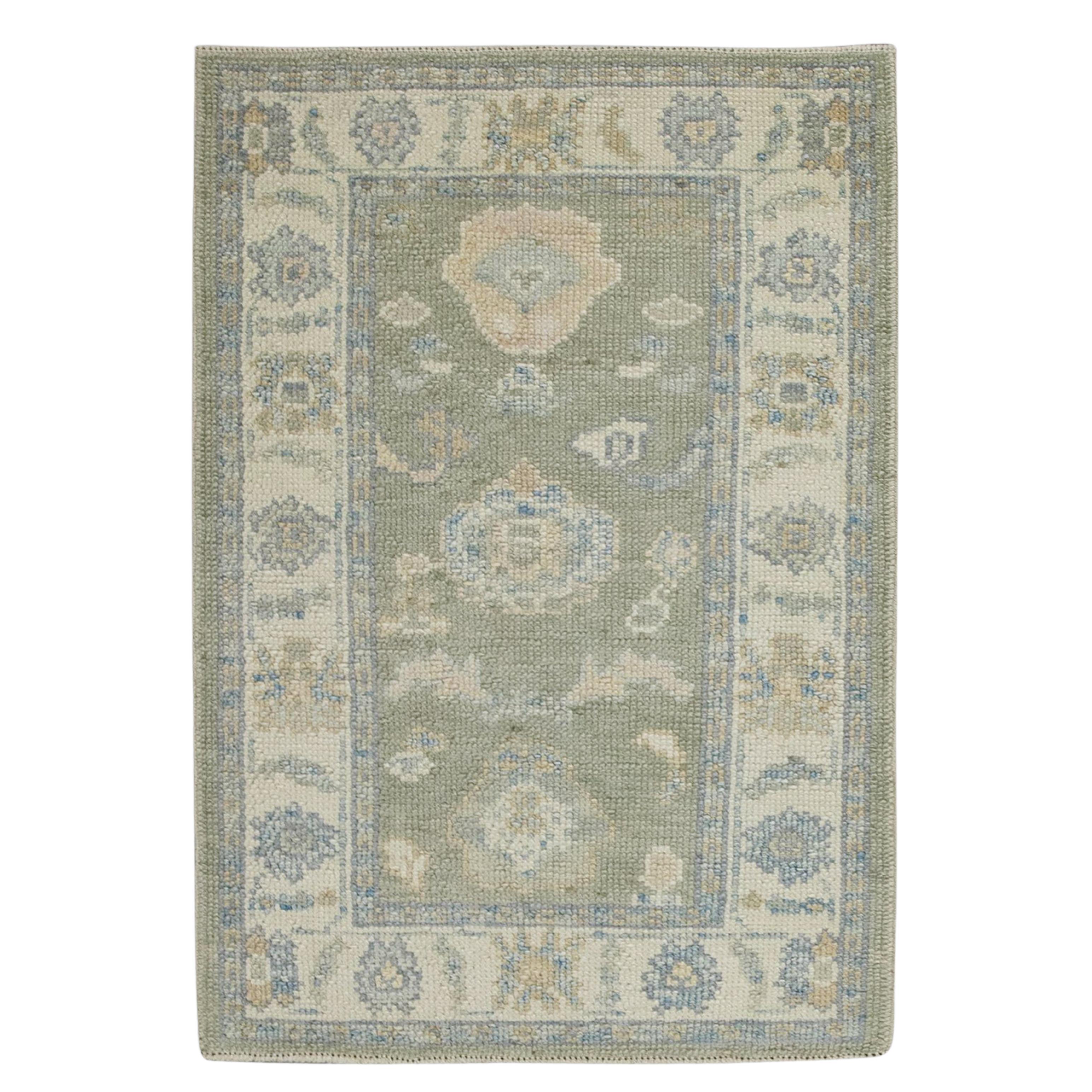 Green Floral Design Handwoven Wool Turkish Oushak Rug For Sale