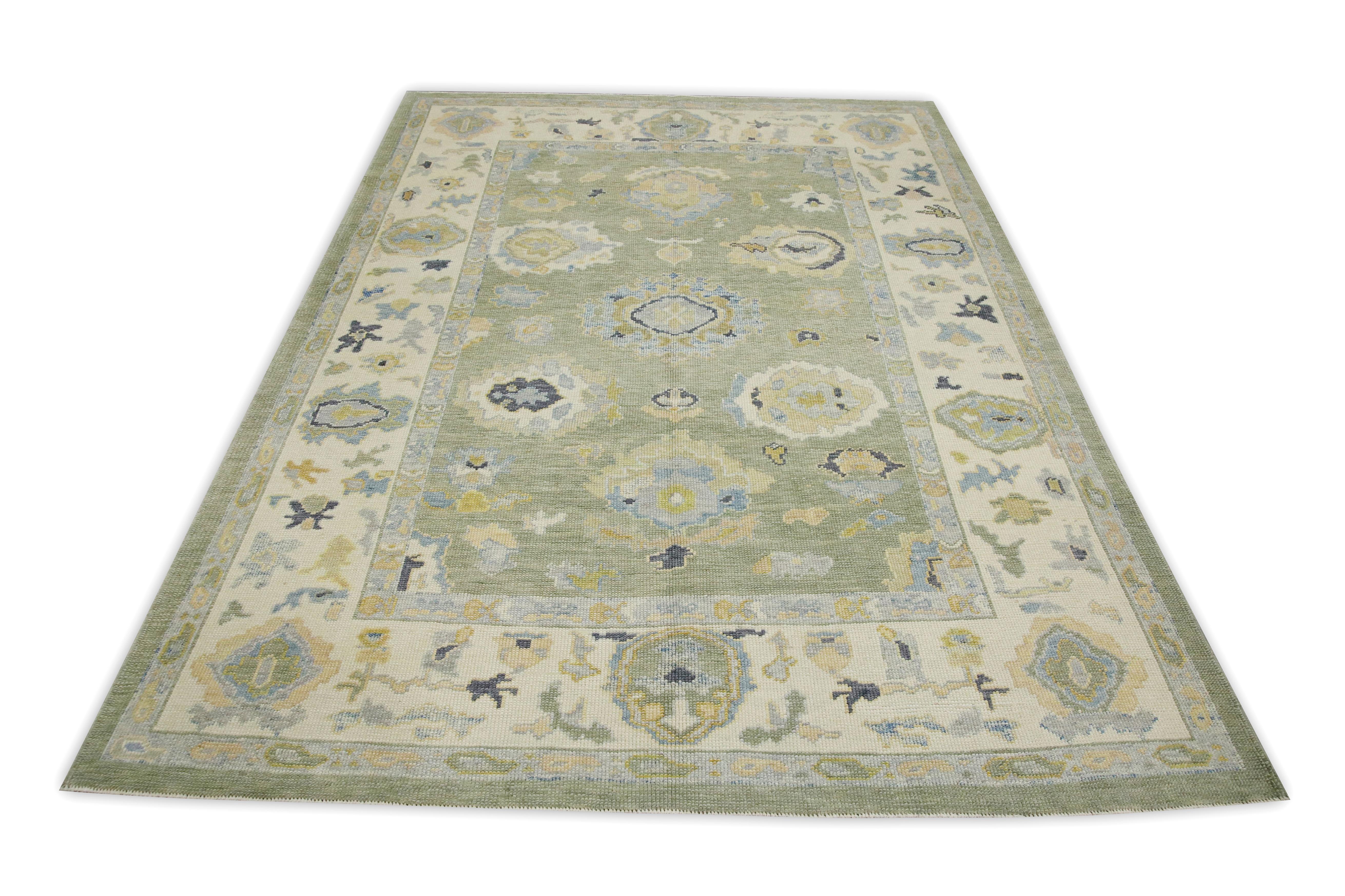 Contemporary Green Floral Design Handwoven Wool Turkish Oushak Rug 6'1