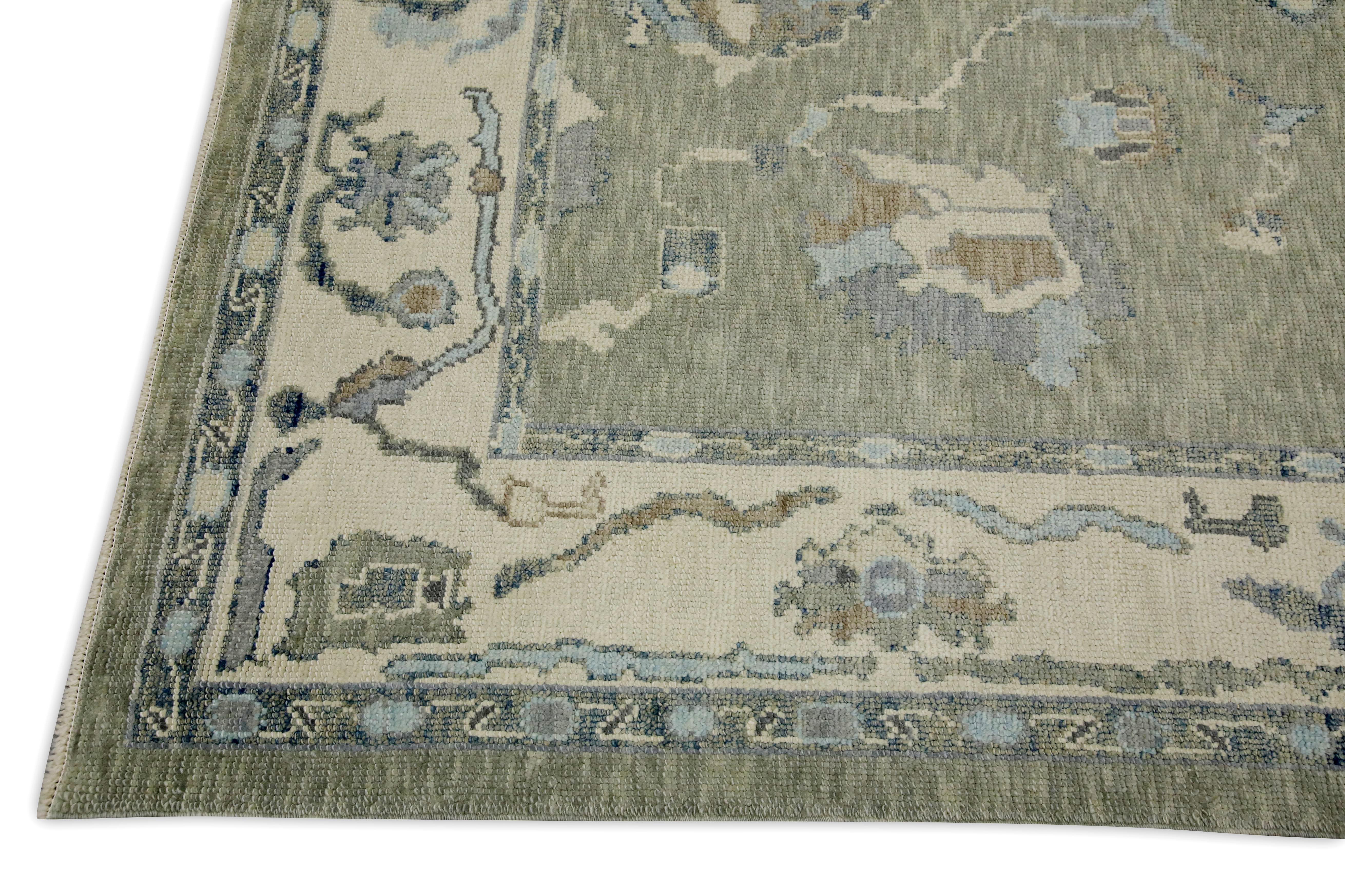 Vegetable Dyed Green Floral Design Handwoven Wool Turkish Oushak Rug 6'3