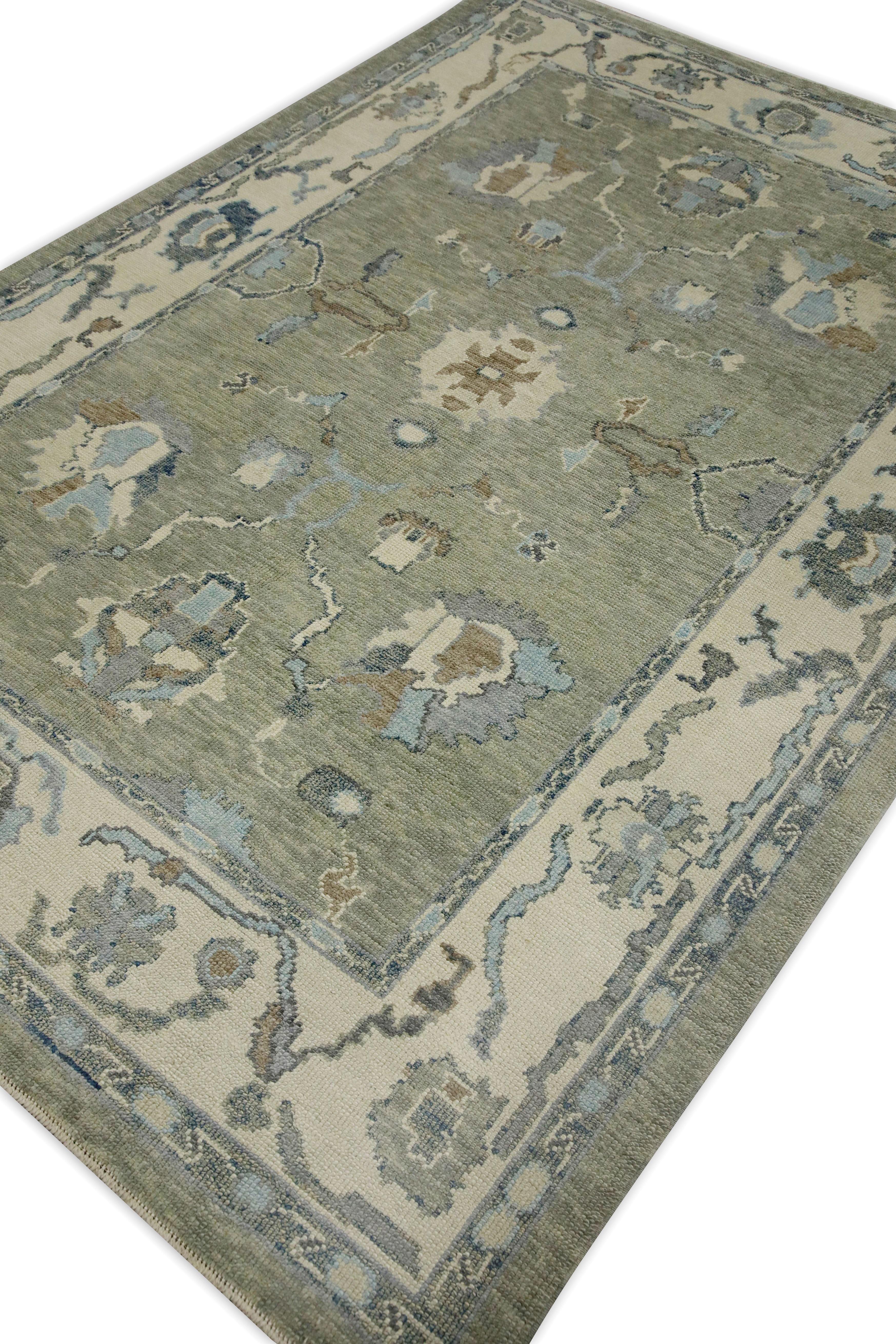 Contemporary Green Floral Design Handwoven Wool Turkish Oushak Rug 6'3
