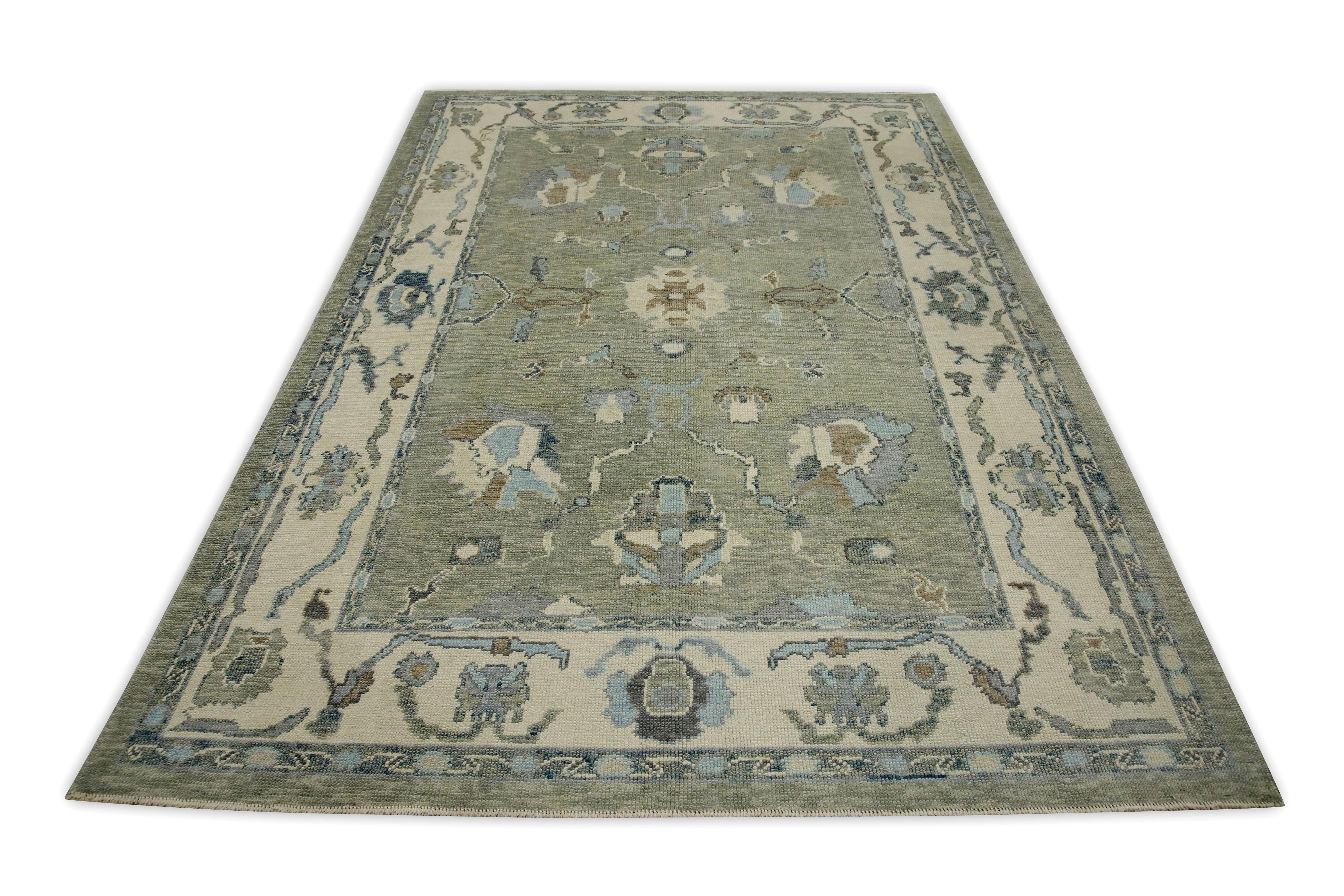 Green Floral Design Handwoven Wool Turkish Oushak Rug 6'3