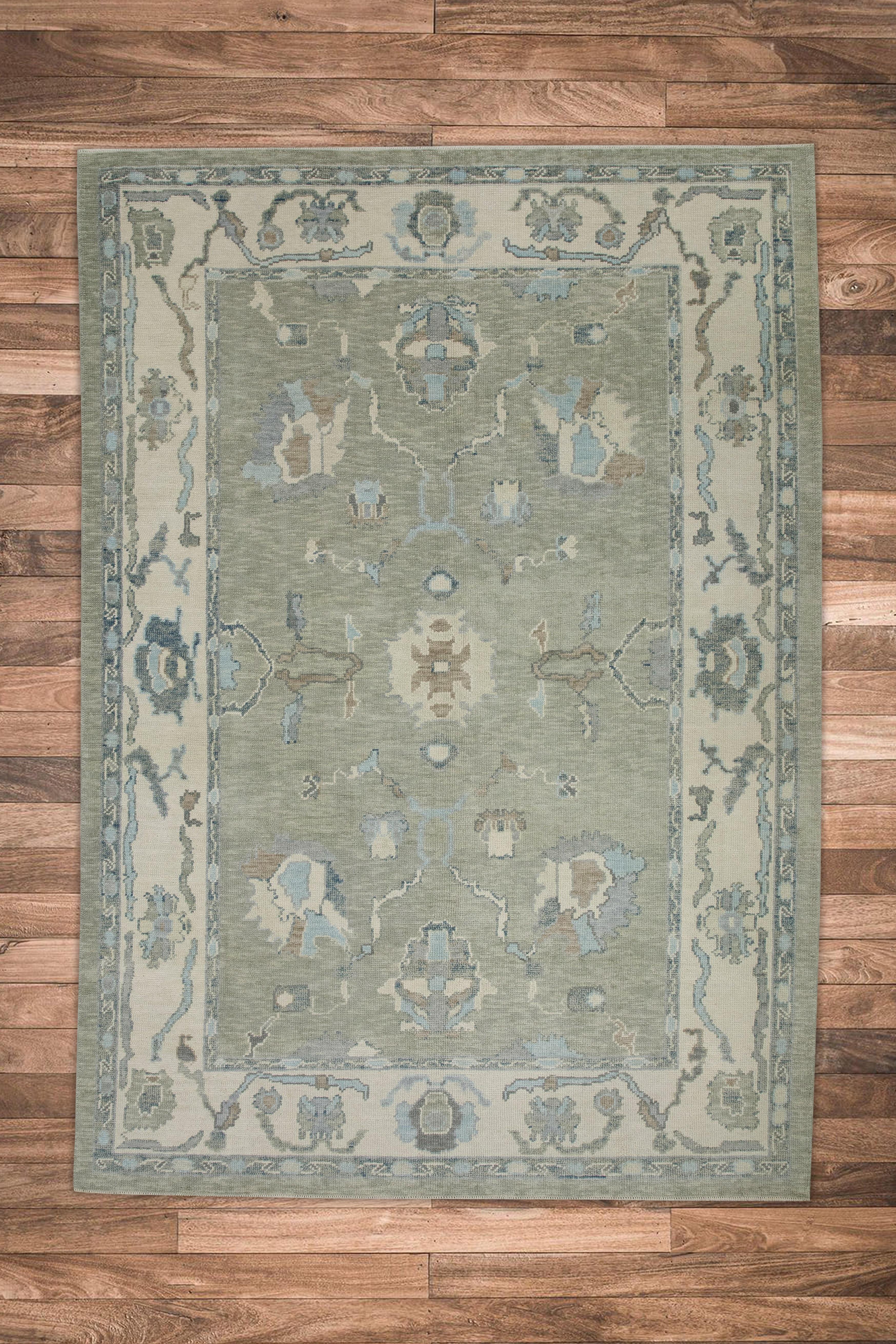 Green Floral Design Handwoven Wool Turkish Oushak Rug 6'3