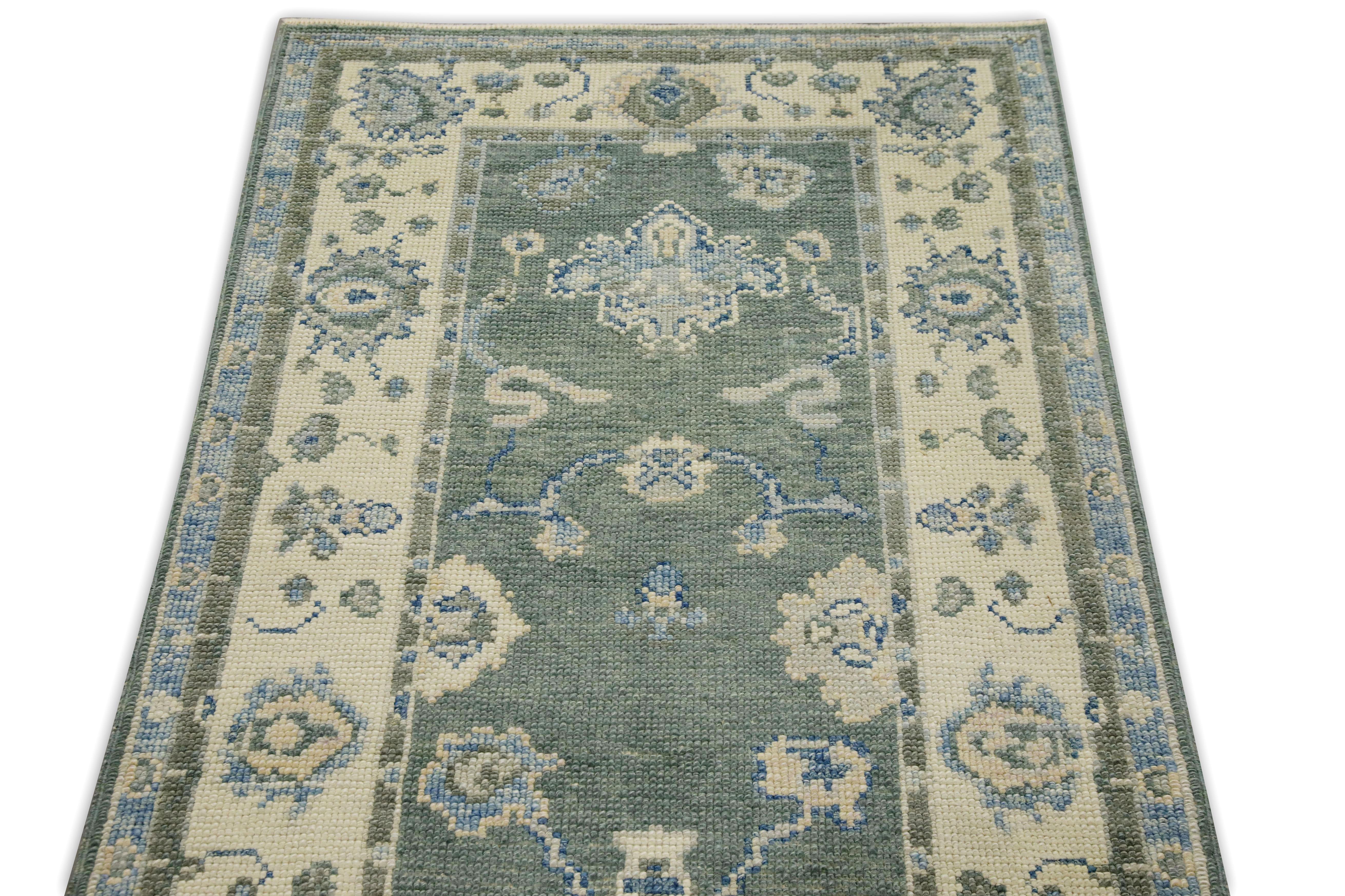 Green Floral Design Handwoven Wool Turkish Oushak Runner In New Condition For Sale In Houston, TX