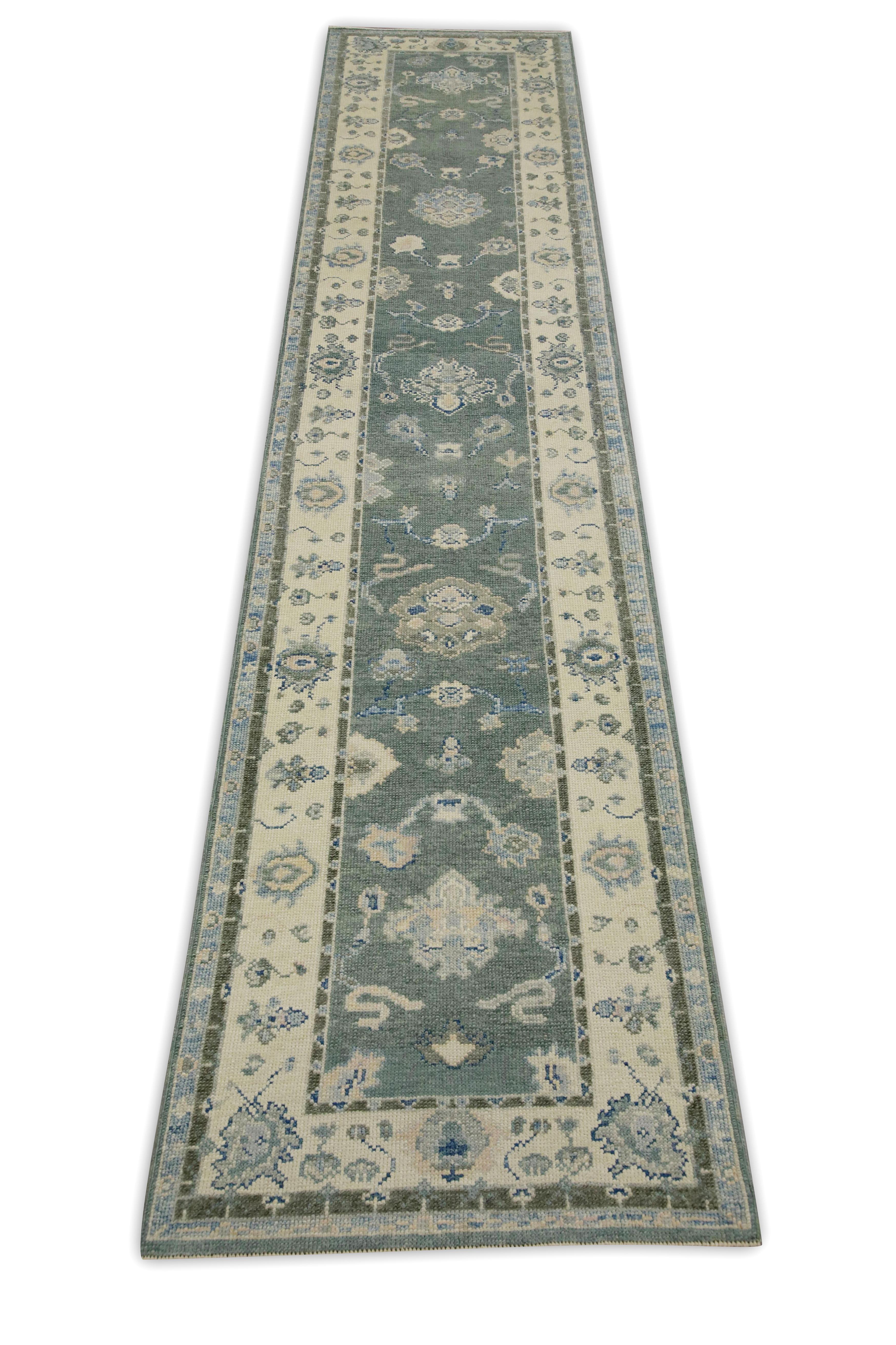 Contemporary Green Floral Design Handwoven Wool Turkish Oushak Runner For Sale