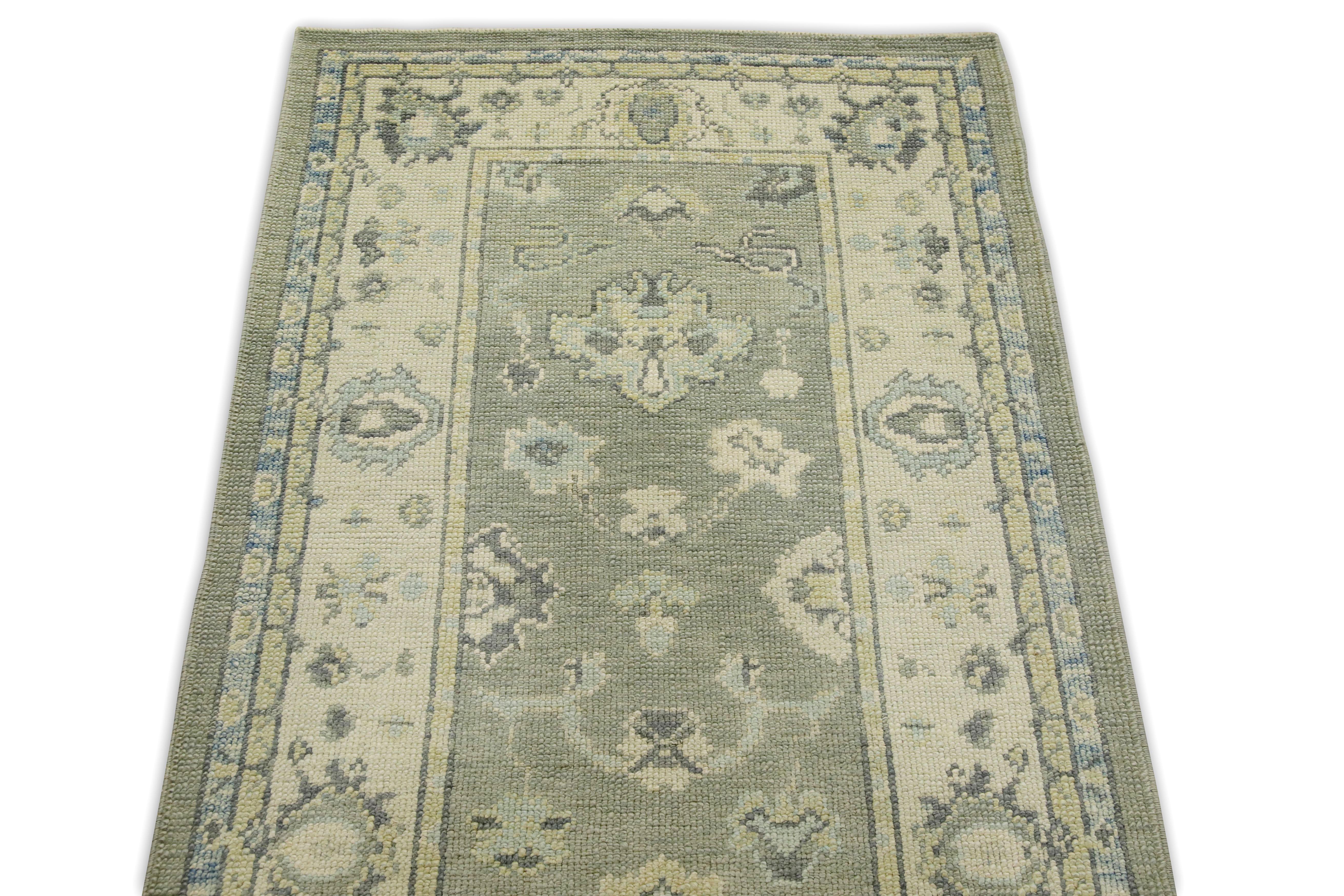 Green Floral Design Handwoven Wool Turkish Oushak Runner In New Condition For Sale In Houston, TX